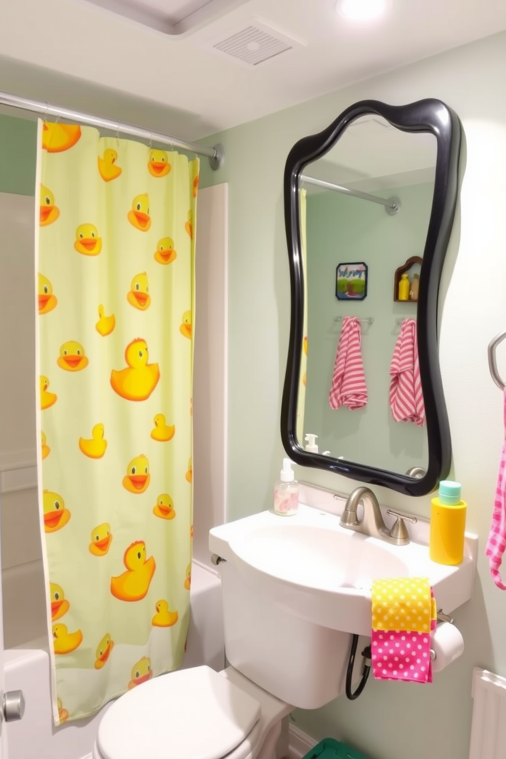 A basement bathroom designed with a playful spirit. Colorful whimsical accessories like a rubber ducky shower curtain and bright patterned towels add a fun touch to the space. The walls are painted in a soft pastel hue, creating a light and airy feel. A unique, oversized mirror with a fun shape reflects the playful decor, enhancing the overall charm of the bathroom.