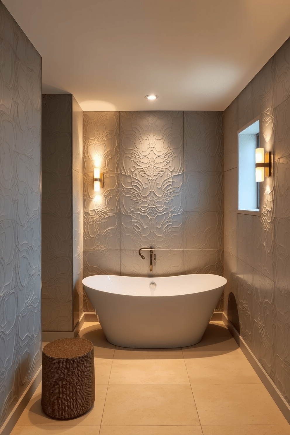 Textured wall panels create a striking visual depth in a basement bathroom. The panels are finished in a soft gray tone, complementing the warm lighting fixtures that illuminate the space. A freestanding soaking tub is positioned against one of the textured walls, providing a luxurious focal point. The floor is adorned with large-format tiles in a light beige, enhancing the overall brightness of the room.