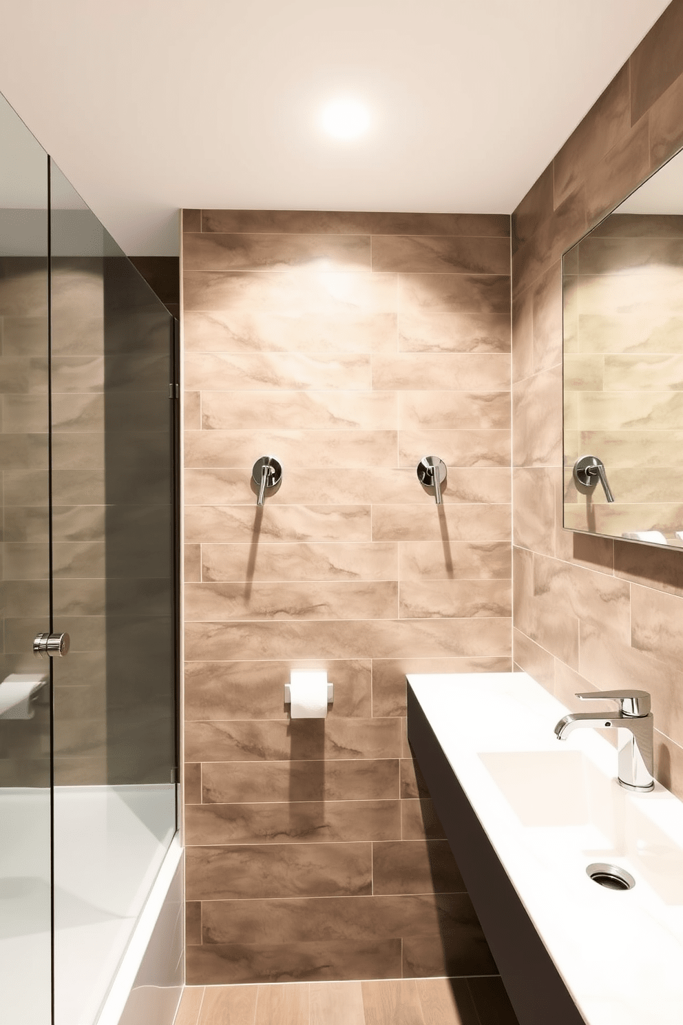 A contemporary basement bathroom features sleek wall-mounted faucets that enhance the modern aesthetic. The space is illuminated by recessed lighting, highlighting the stylish tile work and minimalist design elements.