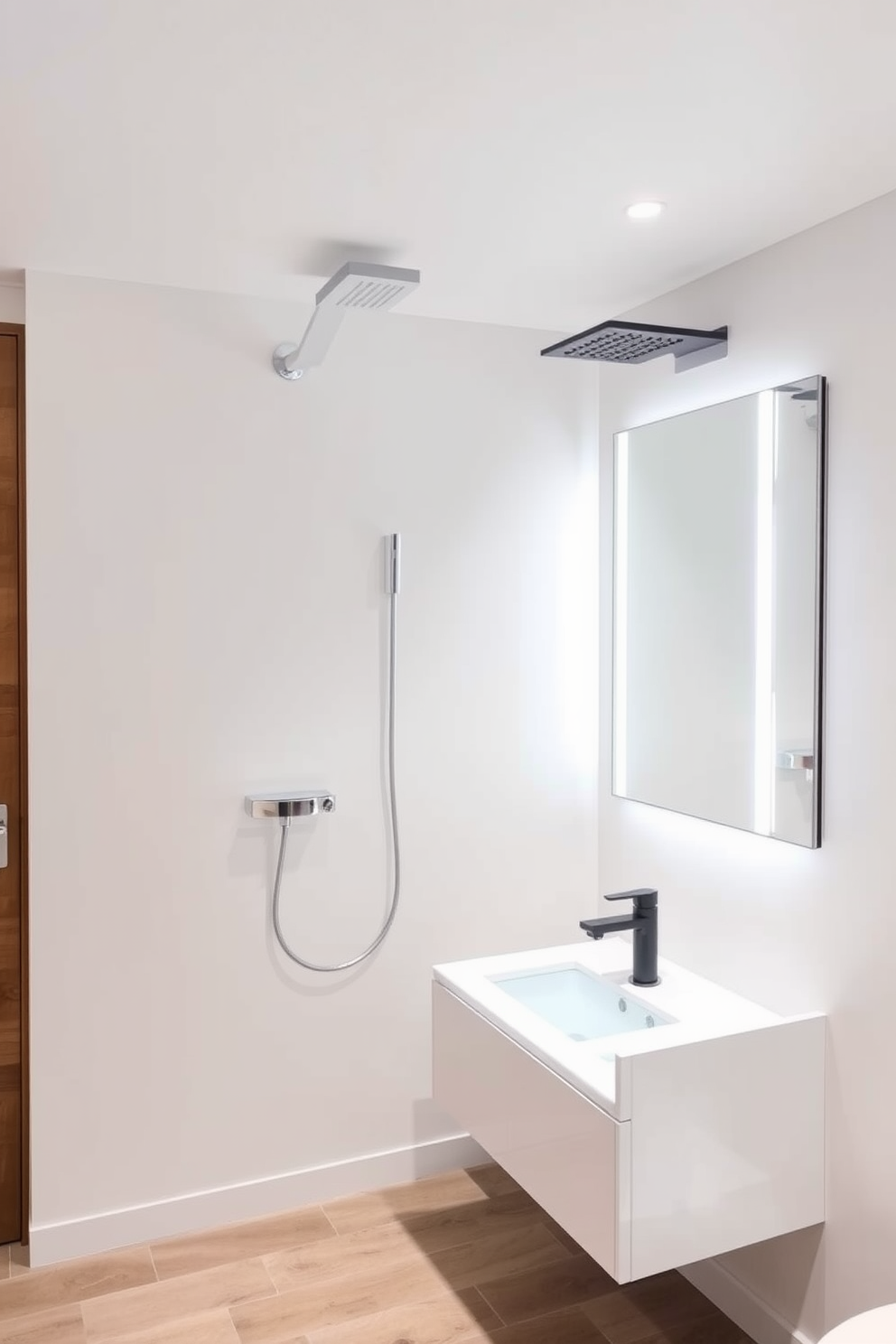 A sleek basement bathroom featuring smart technology for modern convenience. The space includes a touchless faucet and a digital shower system that can be controlled via smartphone. The walls are painted in a light gray tone, creating a clean and contemporary look. A floating vanity with integrated LED lighting complements the minimalist design, while a large mirror with a built-in touchscreen adds functionality.