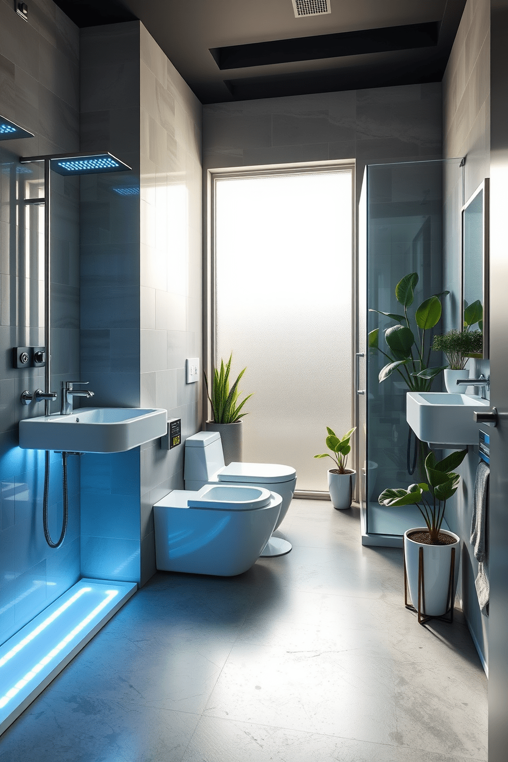 A high-tech bathroom featuring smart technology. The space is equipped with a digital shower system that allows for temperature control and water flow settings through a smartphone app. The walls are adorned with sleek, modern tiles that have built-in LED lighting. A floating vanity with a touchless faucet complements the smart mirror that displays time and weather updates. In the corner, a smart toilet with integrated bidet functions adds a touch of luxury. The flooring is a polished concrete that enhances the contemporary feel of the space. Natural light filters through a frosted glass window, creating a serene atmosphere. Potted plants strategically placed around the room add a refreshing touch to the high-tech design. For a basement bathroom, consider maximizing space with clever storage solutions. Use light colors and mirrors to create an illusion of depth and brightness in the otherwise confined area. Incorporate a walk-in shower with a glass enclosure to enhance the modern aesthetic. A stylish yet functional laundry area can be seamlessly integrated into the bathroom design for added convenience.