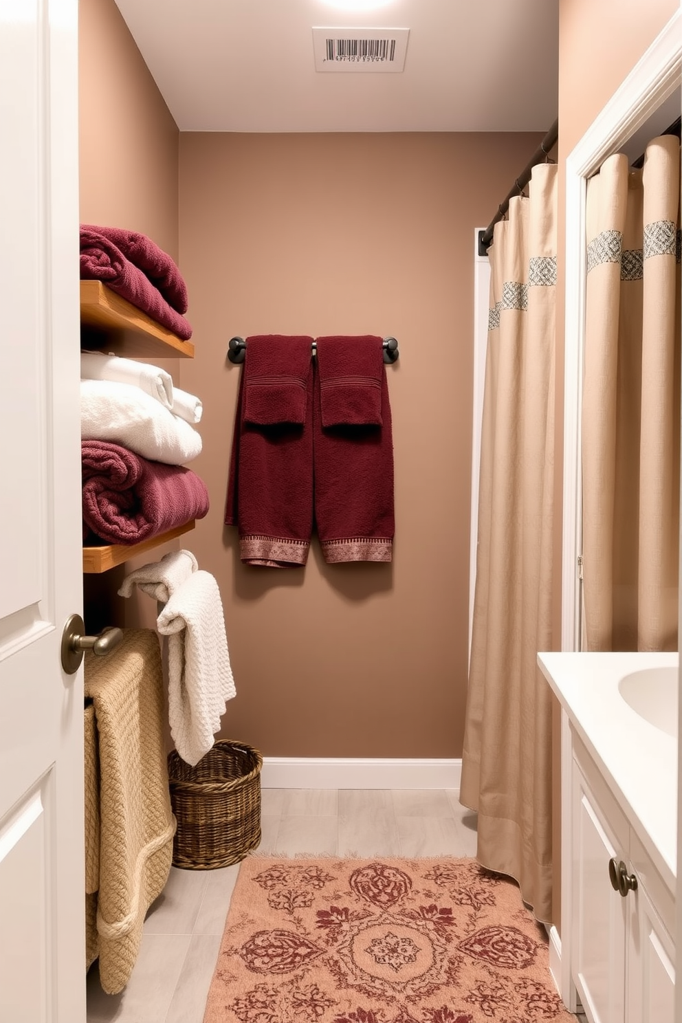 A cozy basement bathroom with textile accents that create warmth and comfort. Soft, plush towels in rich colors are neatly arranged on a wooden shelf, while a woven basket holds additional linens, adding a touch of texture to the space. The walls are painted in a warm taupe, complemented by a stylish shower curtain featuring a subtle geometric pattern. A comfortable area rug with a soft texture lies beneath the vanity, enhancing the inviting atmosphere of the bathroom.