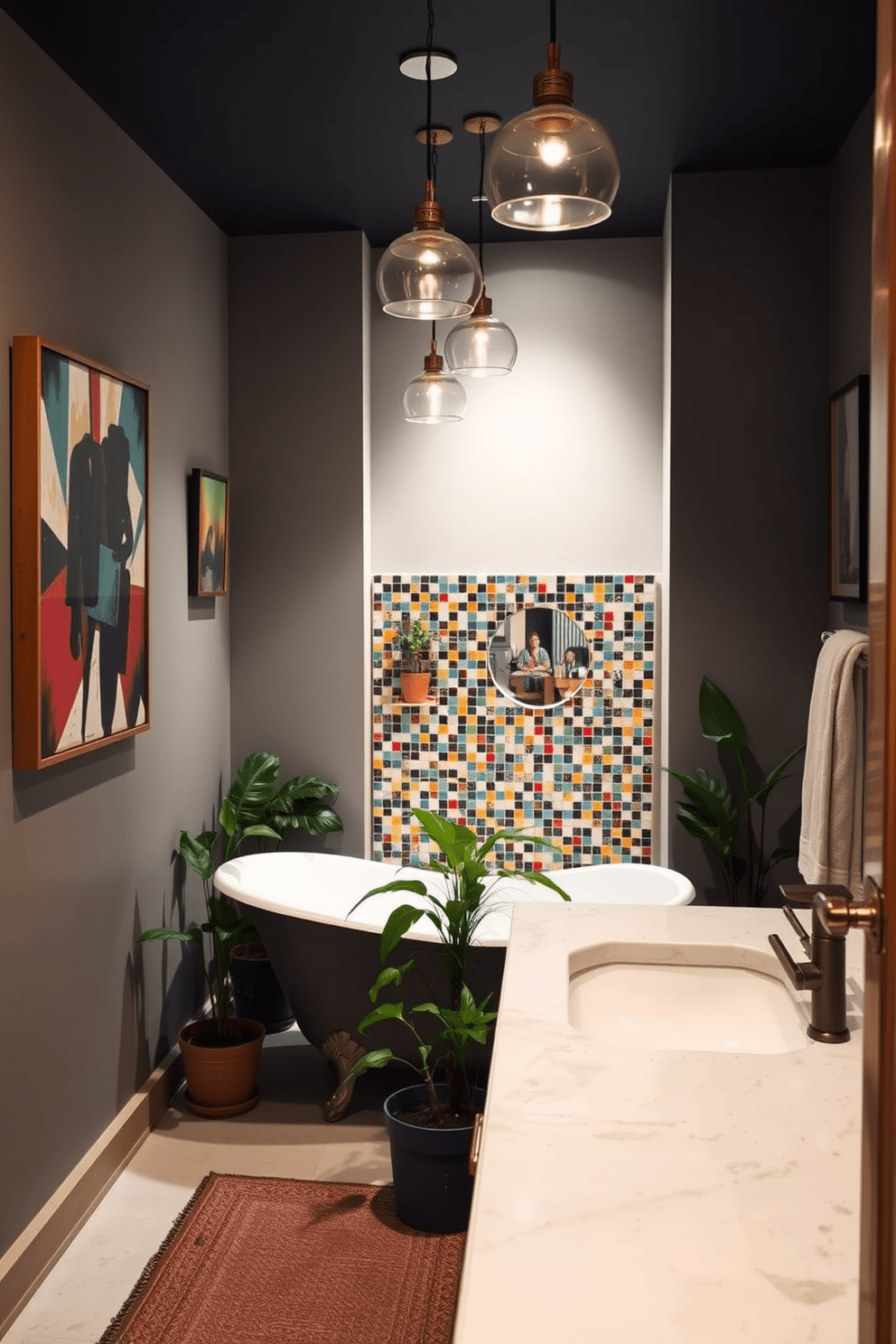 A stylish basement bathroom featuring artistic touches and unique decor. The walls are adorned with abstract art pieces, and a colorful mosaic tile backsplash adds a vibrant focal point behind the sink. A freestanding bathtub sits in the corner, surrounded by potted plants that bring life to the space. The lighting is soft and warm, with pendant lights hanging above the vanity, creating an inviting atmosphere.