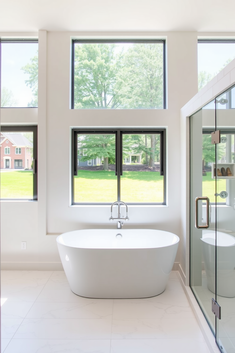 A bright and airy basement bathroom featuring large windows that allow natural light to flood the space. The design includes a sleek freestanding bathtub positioned under the windows, complemented by a modern shower with glass doors. The walls are painted in a soft white hue to enhance the feeling of openness. Elegant fixtures in brushed nickel add a touch of sophistication, while natural wood accents provide warmth to the overall aesthetic.