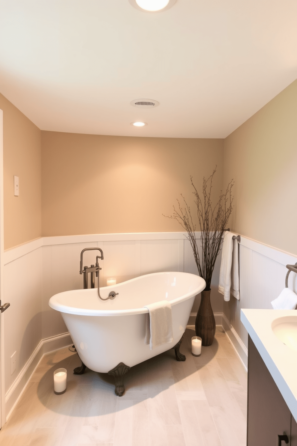 A cozy basement bathroom that exudes warmth and comfort. Soft, ambient lighting highlights the natural wood accents and creates an inviting atmosphere. The walls are painted in a soft beige hue, complemented by white shiplap paneling. A freestanding tub sits elegantly in the corner, surrounded by candles for a spa-like experience.