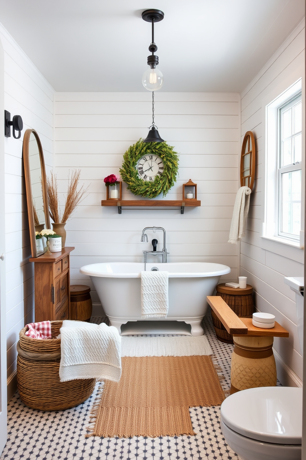 A cozy basement bathroom featuring shiplap walls that exude farmhouse charm. The space includes a freestanding soaking tub surrounded by rustic wooden accents and vintage decor elements.