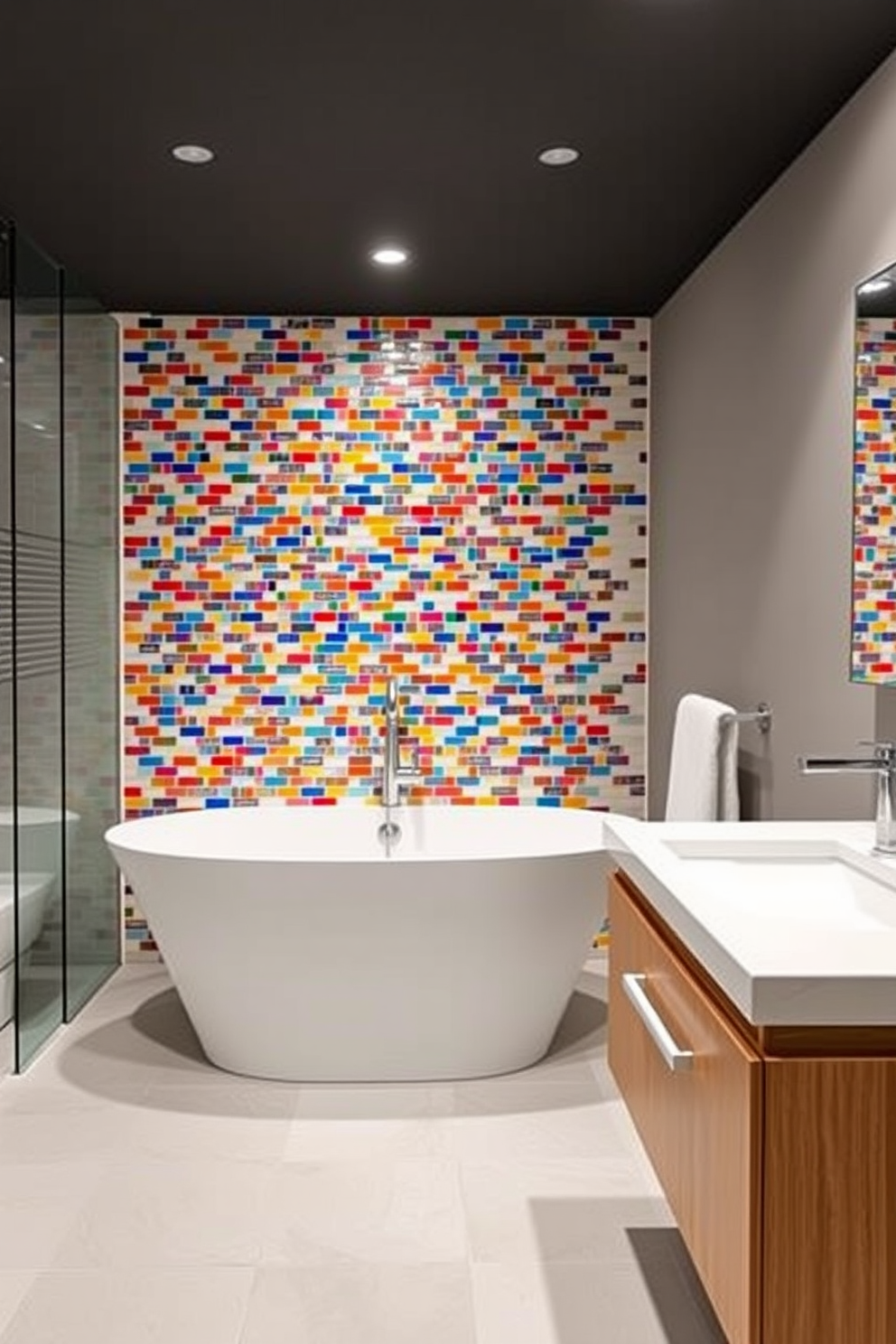 A vibrant basement bathroom featuring colorful mosaics as an artistic backsplash. The space includes a sleek modern bathtub with a freestanding faucet, complemented by a floating vanity with a unique design.