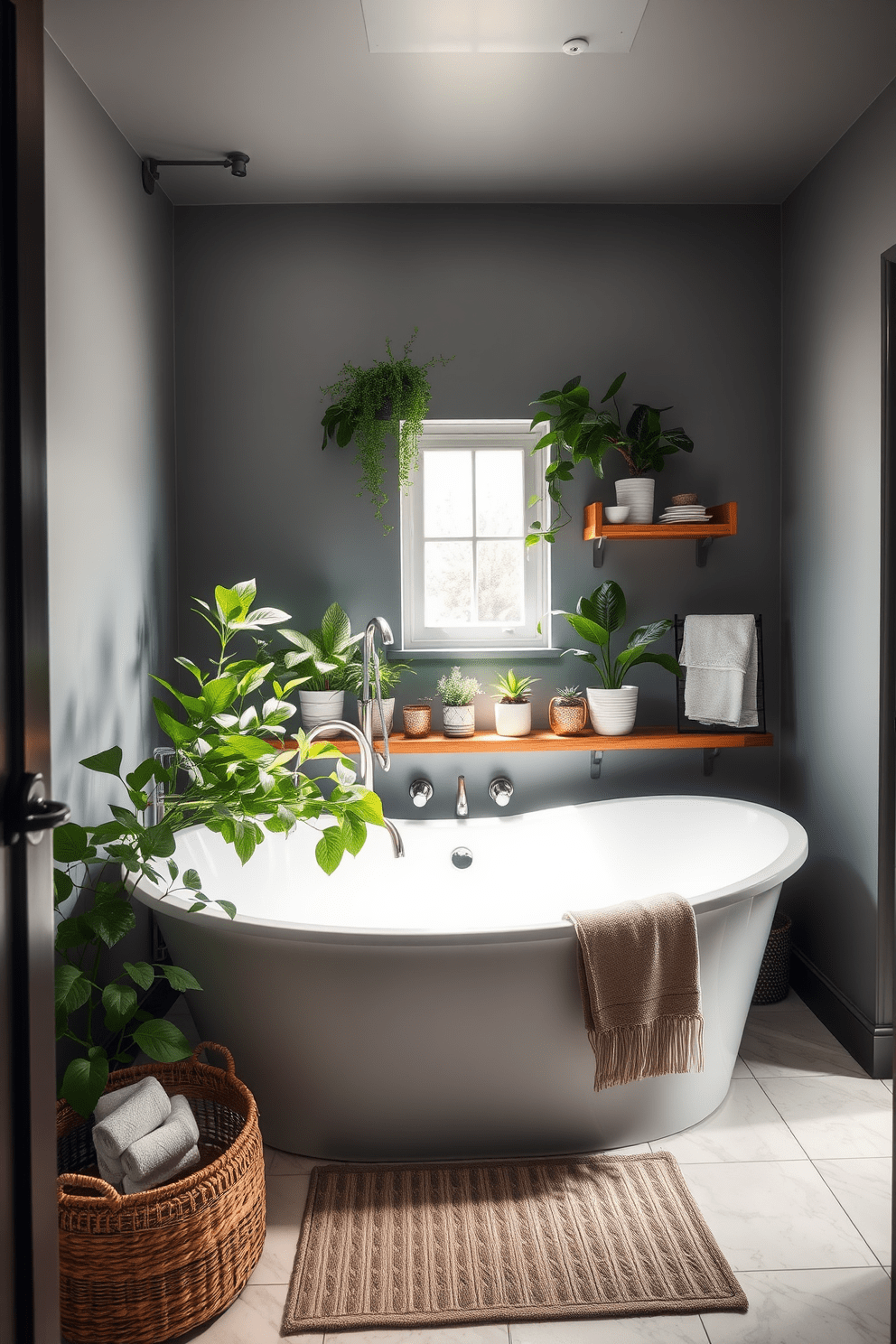 A serene basement bathroom featuring a large freestanding bathtub surrounded by fresh greenery. The walls are painted in soft gray tones, and natural light filters in through a small window, creating a calming ambiance. Incorporate a wooden shelf with potted plants and stylish bathroom accessories to enhance the natural feel. The floor is adorned with light-colored tiles, and a woven basket holds plush towels for added texture and warmth.