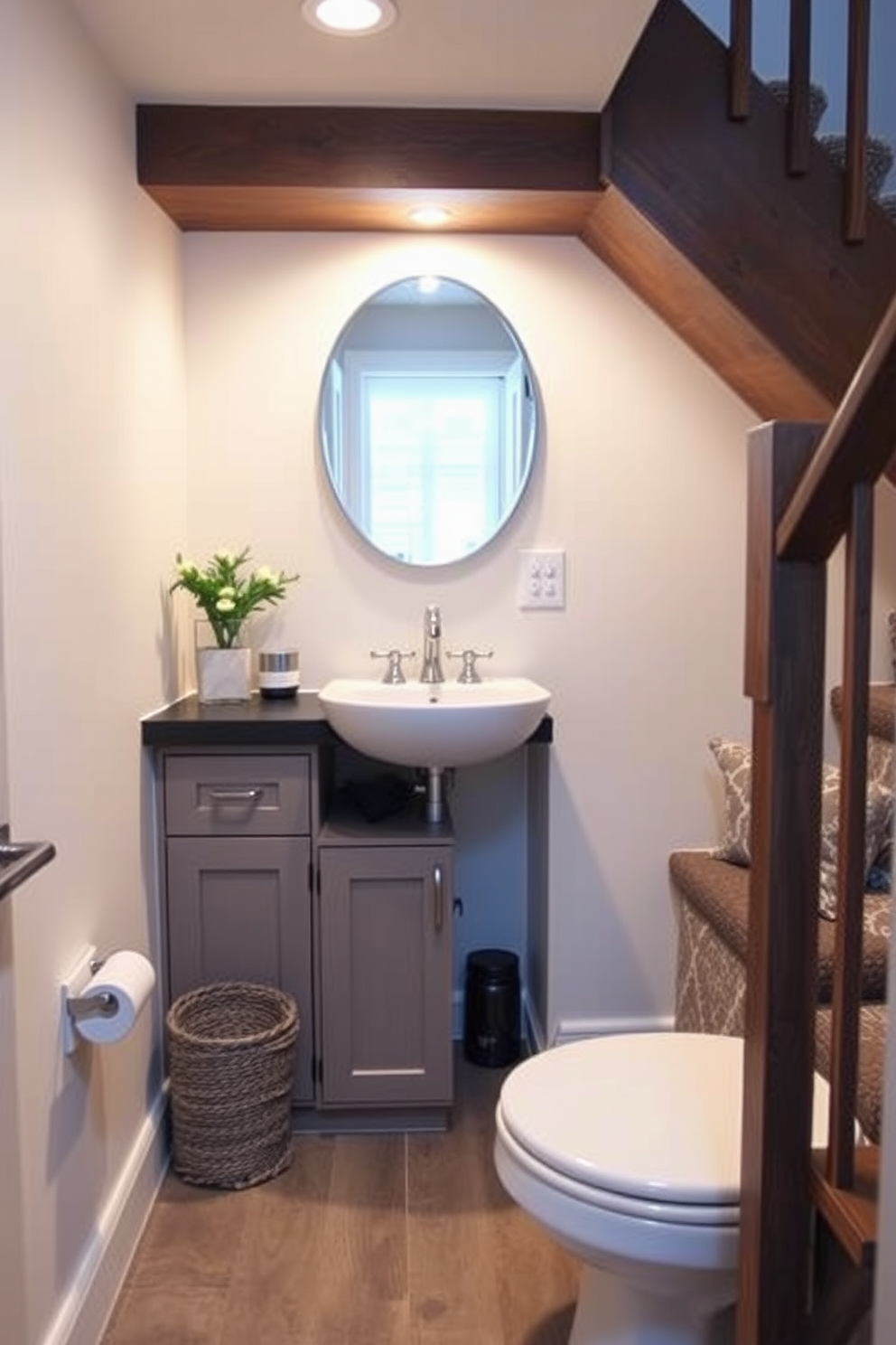 A clever basement bathroom design utilizes the space under the stairs effectively. The area features a compact yet stylish sink with storage cabinets built into the staircase, maximizing functionality without sacrificing aesthetics. The walls are painted in a light color to enhance brightness, while ambient lighting creates a cozy atmosphere. A small mirror above the sink reflects light and adds depth, making the space feel more open and inviting.