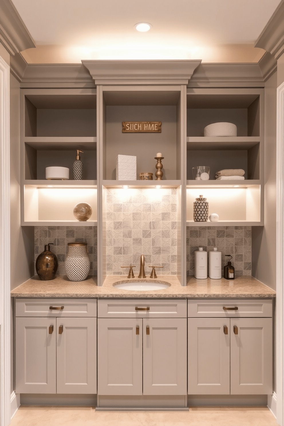 Custom cabinetry designed for personalized storage enhances the functionality of a basement bathroom while maintaining a sleek aesthetic. The cabinetry features a mix of open shelves and closed cabinets, finished in a soft gray hue that complements the overall decor. Incorporating built-in lighting within the cabinetry highlights decorative items and provides practical illumination. The layout maximizes space, ensuring that every corner is utilized efficiently without compromising on style.