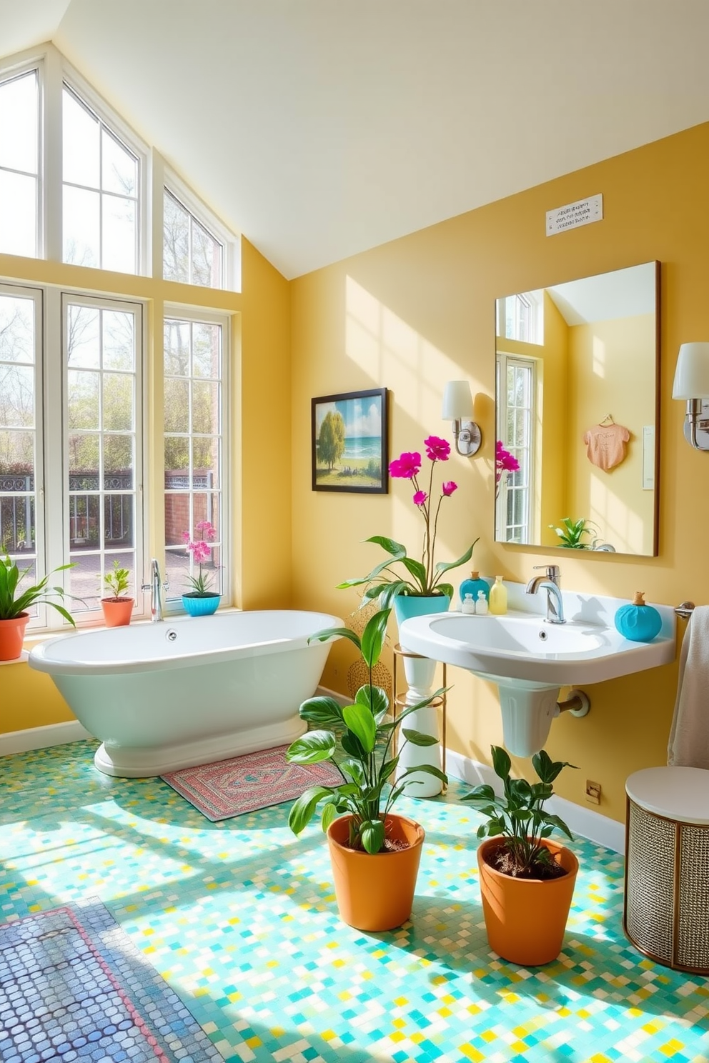 A bright and airy basement bathroom featuring large windows that allow natural light to flood the space. The walls are painted in a soft yellow hue, complemented by vibrant turquoise accents in the decor. A sleek white bathtub sits against one wall, surrounded by colorful potted plants that bring life to the room. The floor is adorned with cheerful mosaic tiles, and a large mirror reflects the brightness of the space, enhancing the overall cheerful atmosphere.