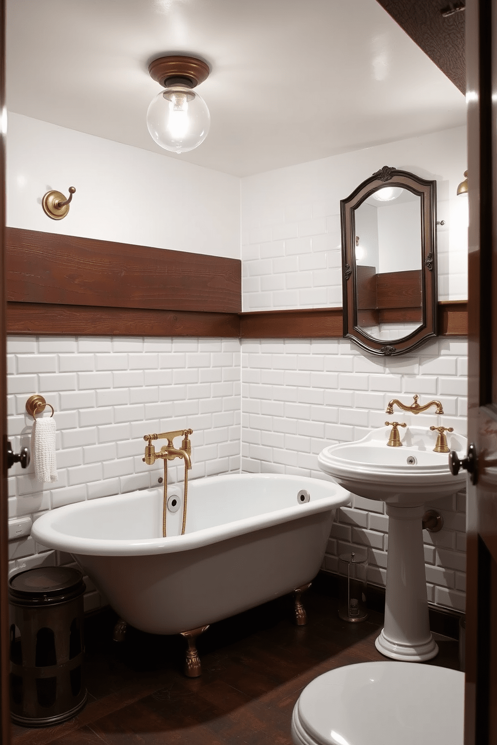 A basement bathroom featuring vintage fixtures that enhance its classic charm. The design includes a clawfoot bathtub, a pedestal sink, and antique brass faucets that evoke a sense of nostalgia. The walls are adorned with white subway tiles, complemented by dark wood accents and a vintage-style mirror. Soft lighting fixtures with an old-world design illuminate the space, creating a warm and inviting atmosphere.