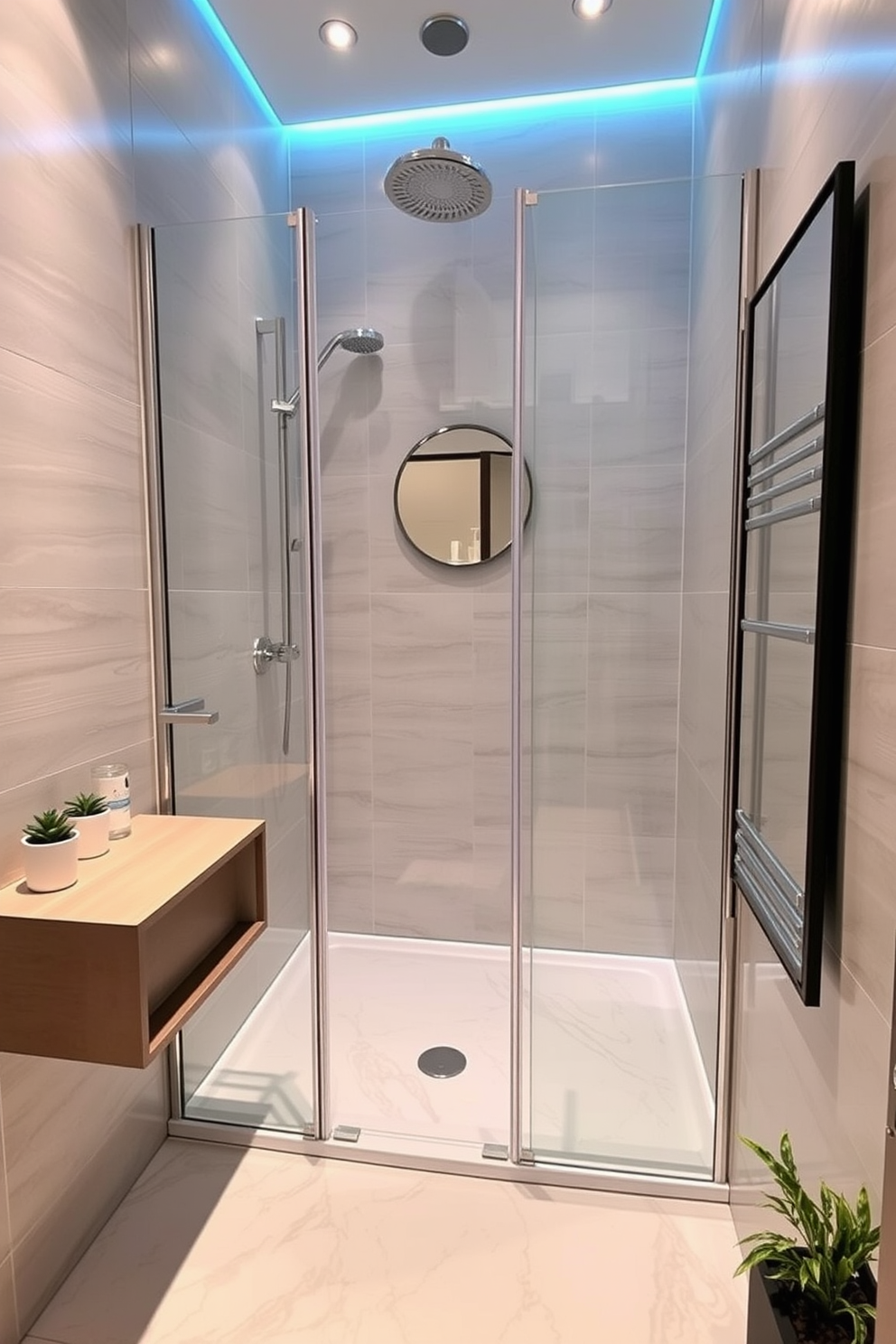 A compact corner shower features sleek glass doors and modern fixtures, maximizing space while providing a stylish bathing area. The walls are adorned with light gray tiles, and the floor is finished with slip-resistant vinyl for safety and comfort. The vanity is a minimalist design with a floating shelf and a small round mirror above it. Soft lighting creates a warm ambiance, complemented by a few potted plants for a touch of greenery.