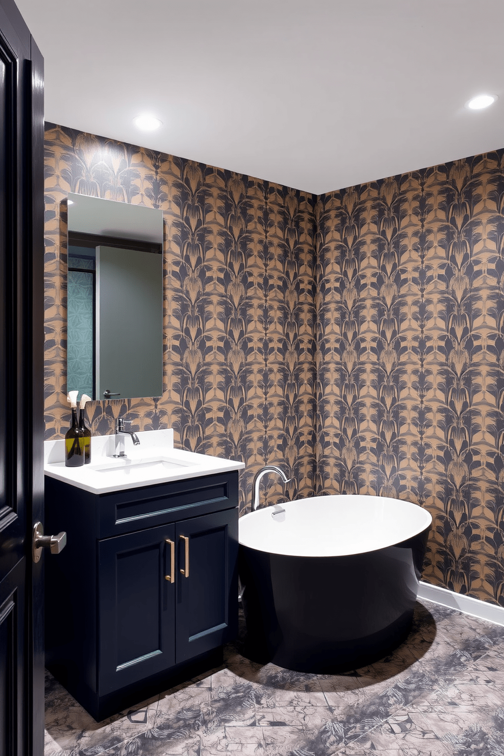 A striking basement bathroom features bold wallpaper with a geometric pattern that adds a vibrant touch to the space. The room includes a sleek freestanding tub positioned against the statement wall, complemented by modern fixtures in brushed nickel. The vanity is a contemporary design with a deep navy finish and a white quartz countertop, providing ample storage. Soft ambient lighting highlights the unique wallpaper while creating a relaxing atmosphere for the bathroom.