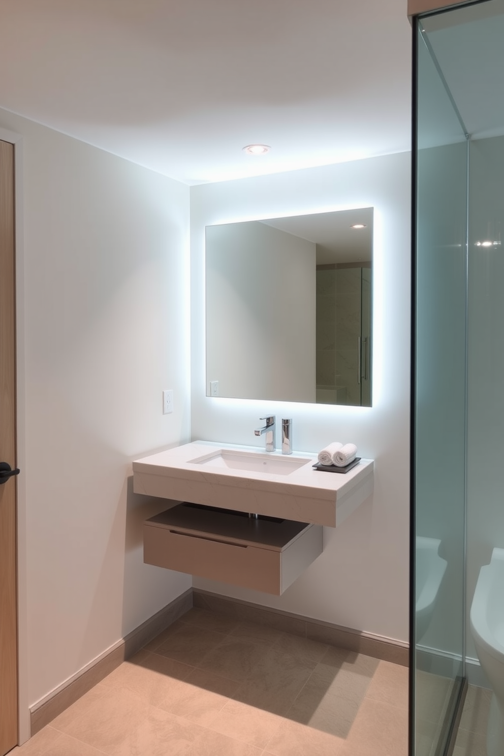 A sleek floating vanity is mounted on the wall, creating an open and airy atmosphere in the basement bathroom. The vanity features a polished stone countertop and modern fixtures, enhancing the contemporary design. Soft ambient lighting illuminates the space, highlighting the clean lines and minimalist aesthetic. A large mirror above the vanity reflects the light, making the room feel larger and more inviting.