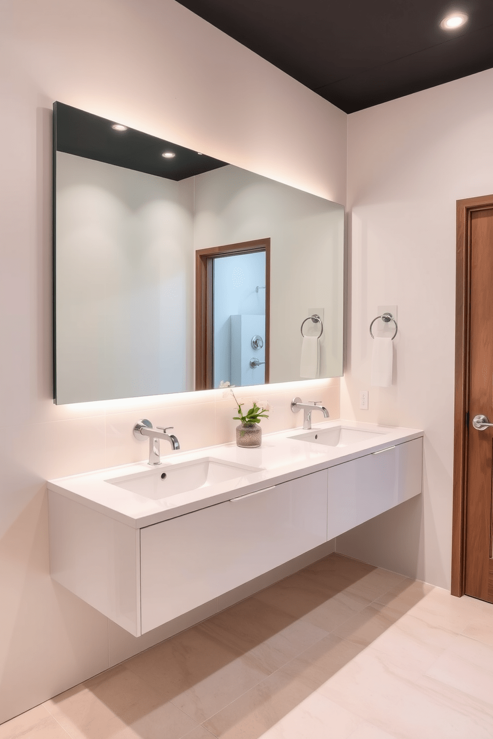 A floating vanity creates an airy and spacious atmosphere in the basement bathroom. The sleek design features a minimalist countertop with integrated sinks, complemented by under-cabinet lighting for an inviting glow. The walls are adorned with light-colored tiles that enhance the sense of openness. A large mirror above the vanity reflects natural light, while stylish fixtures add a modern touch.