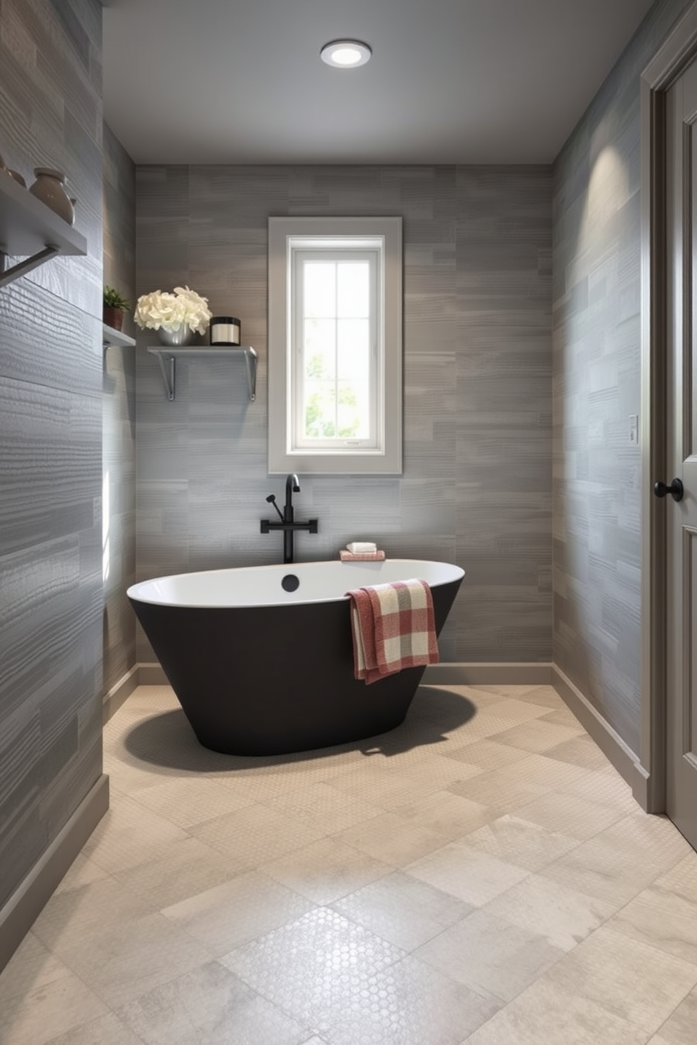 A cozy basement bathroom featuring textured tiles that add depth and visual interest to the space. The walls are adorned with soft gray tones, complementing the intricate tile patterns on the floor. A modern freestanding tub sits in the corner, surrounded by natural light from a small window. Above the tub, a sleek shelf holds decorative items and plush towels, enhancing the inviting atmosphere.