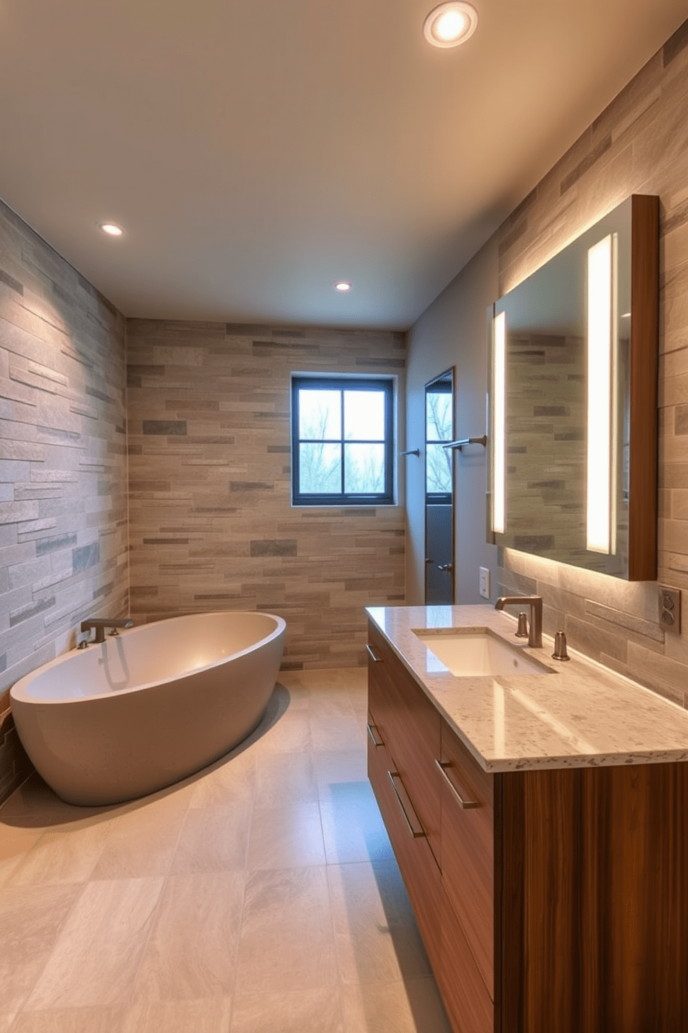 A luxurious basement bathroom featuring natural stone walls and flooring creates an inviting atmosphere. The space includes a freestanding soaking tub made of smooth stone, complemented by a large window that allows natural light to flood the room. A sleek wooden vanity with a polished stone countertop provides ample storage and elegance. Above the vanity, a contemporary mirror with soft LED lighting enhances the overall ambiance of the space.