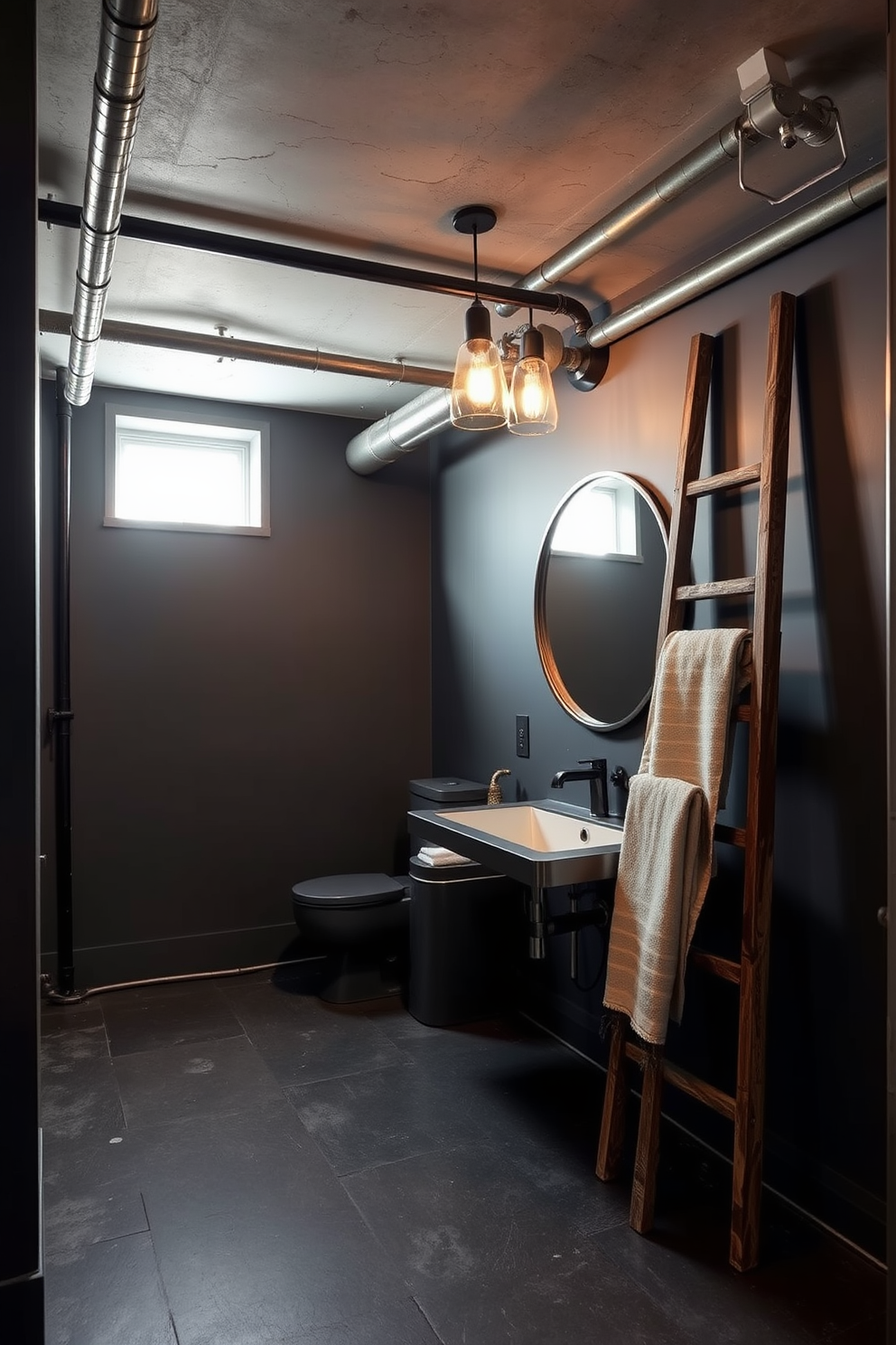 An industrial style basement bathroom features exposed pipes and a concrete ceiling that adds a raw, urban feel. The walls are painted in a deep charcoal color, and the floor is covered with large, textured tiles in a dark hue. A sleek metal vanity with a rectangular sink sits against one wall, complemented by a large round mirror with a black frame. Vintage-style light fixtures hang from the ceiling, casting a warm glow over the space, while a wooden ladder serves as a unique towel rack.