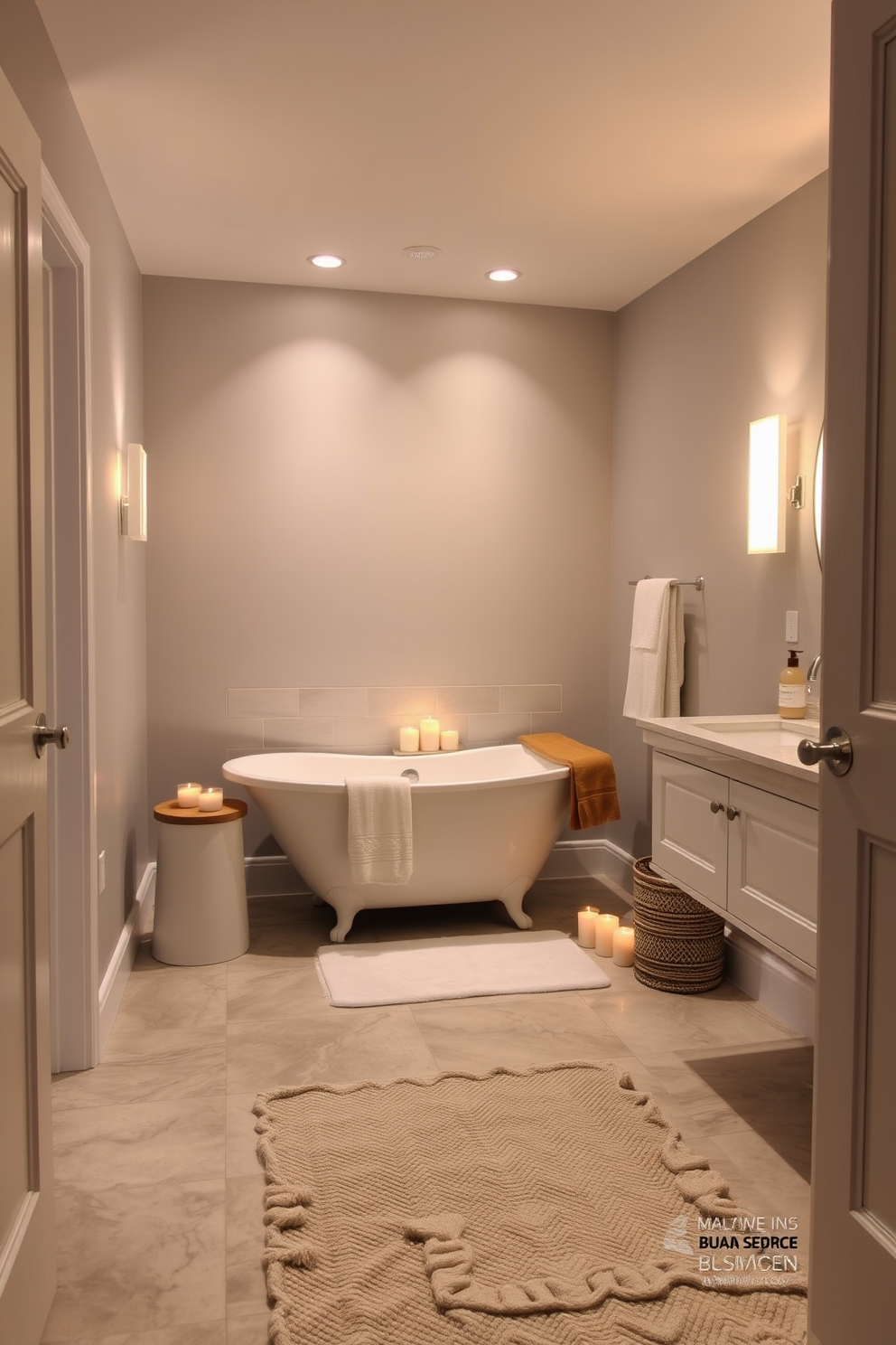 A basement bathroom designed for relaxation features soft ambient lighting that creates a warm and inviting atmosphere. The walls are painted in a light gray hue, complemented by sleek white fixtures and natural wood accents. A freestanding bathtub sits elegantly in the corner, surrounded by candles that enhance the cozy feel. The floor is finished with large, textured tiles in a neutral tone, while a plush rug adds comfort underfoot.