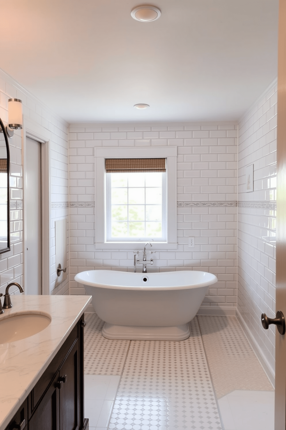 A basement bathroom featuring classic subway tiles in a crisp white color. The walls are adorned with these tiles, creating a clean and timeless look that enhances the space's elegance. A freestanding bathtub sits in the center, surrounded by natural light from a nearby window. Dark wood accents, such as a vanity with a marble top and brushed nickel fixtures, provide a striking contrast to the white tiles.