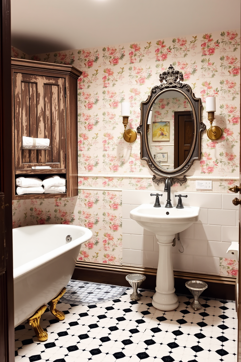 A vintage-inspired basement bathroom featuring a clawfoot bathtub with a polished brass faucet. The walls are adorned with floral wallpaper in soft pastel colors, and a distressed wooden cabinet holds neatly folded towels. An antique mirror with a decorative frame hangs above a pedestal sink, surrounded by vintage-style sconces. The floor is finished with classic black and white hexagonal tiles, adding timeless charm to the space.