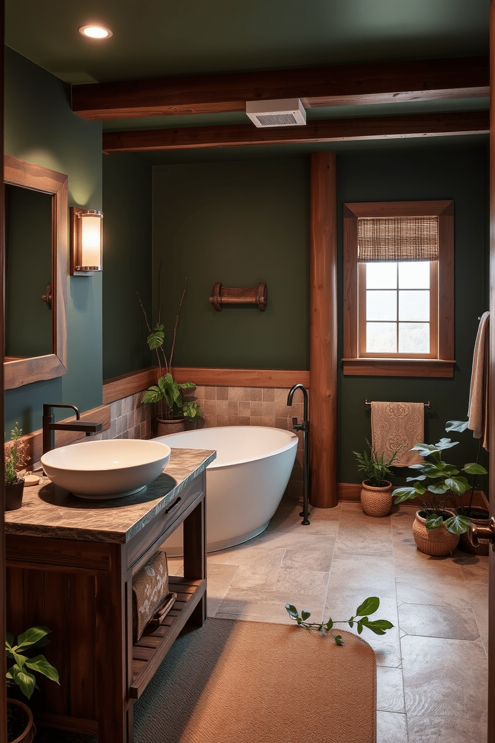 A basement bathroom featuring an earthy color palette with rich greens and warm browns. The walls are painted in a deep forest green, complemented by wooden accents throughout the space. A freestanding bathtub sits against one wall, surrounded by potted plants that enhance the natural feel. A rustic wooden vanity with a stone countertop holds a vessel sink, adding a touch of elegance to the design.