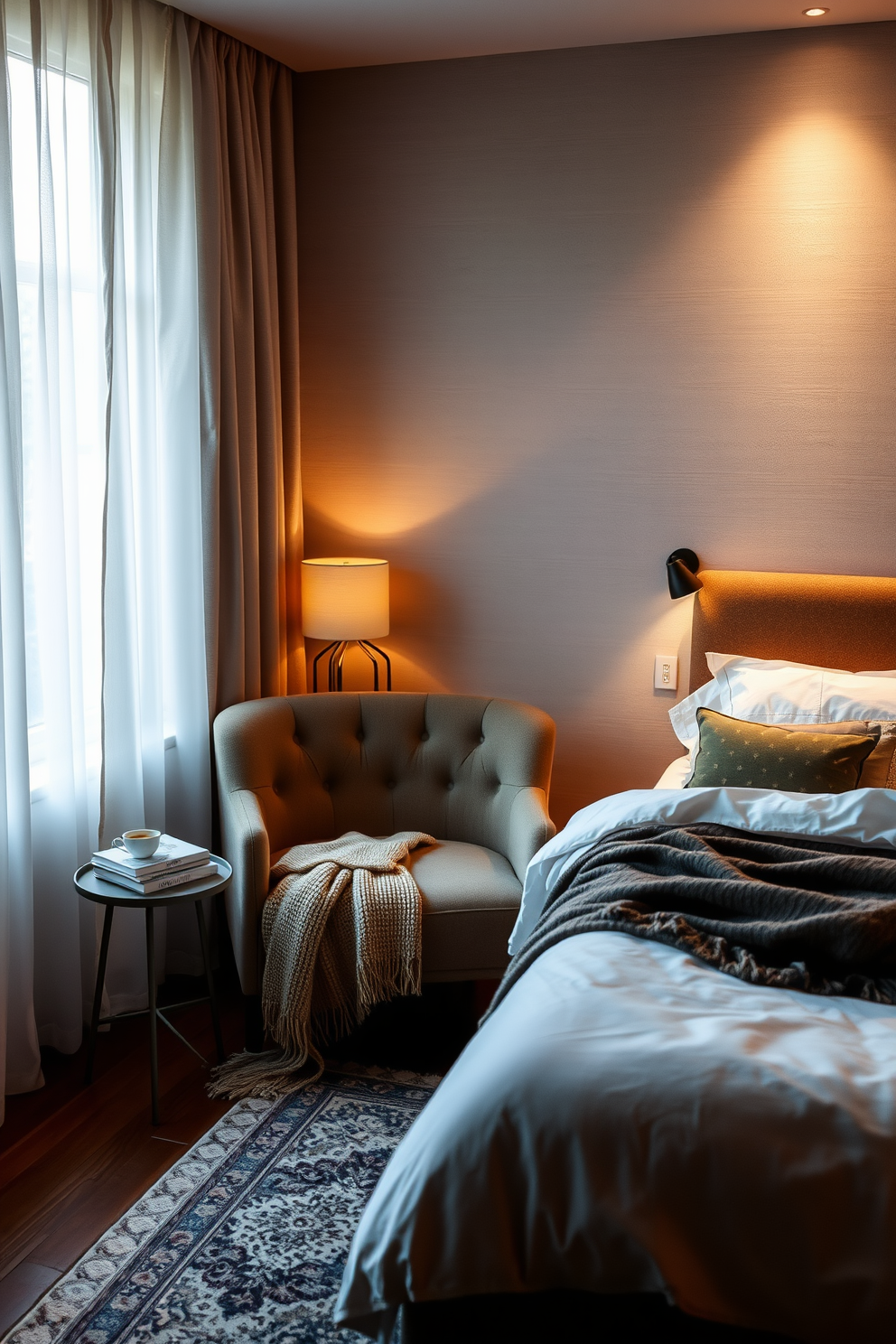 Cozy reading nook with soft lighting. A plush armchair is positioned next to a large window, draped with sheer curtains that allow gentle light to filter in. A small side table holds a stack of books and a steaming cup of tea. A warm throw blanket is casually draped over the armchair, inviting relaxation and comfort. Basement bedroom design ideas. The room features a comfortable bed with layered bedding and soft pillows, creating a serene retreat. Accent lighting highlights the textured walls, while a stylish rug adds warmth to the space.