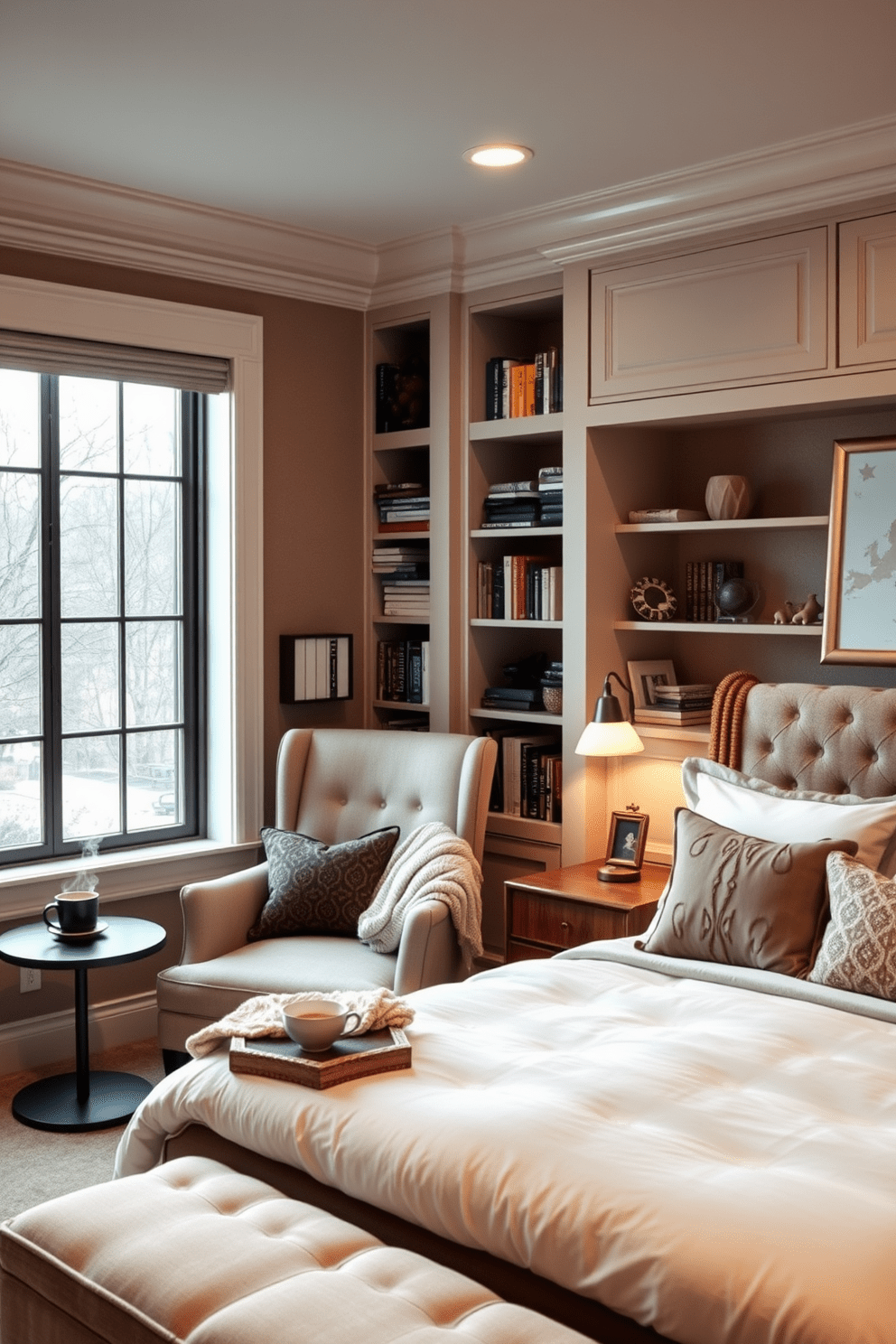 Cozy reading nook with built-in shelves. A plush armchair is positioned next to a large window, with soft light filtering in. The walls are lined with built-in shelves filled with books and decorative items. A small side table holds a steaming cup of tea and a cozy blanket draped over the armchair. Basement bedroom design ideas. The room features a comfortable queen-sized bed with soft linens and a stylish headboard. Warm lighting creates an inviting atmosphere, while a small seating area with a chair and ottoman adds functionality.