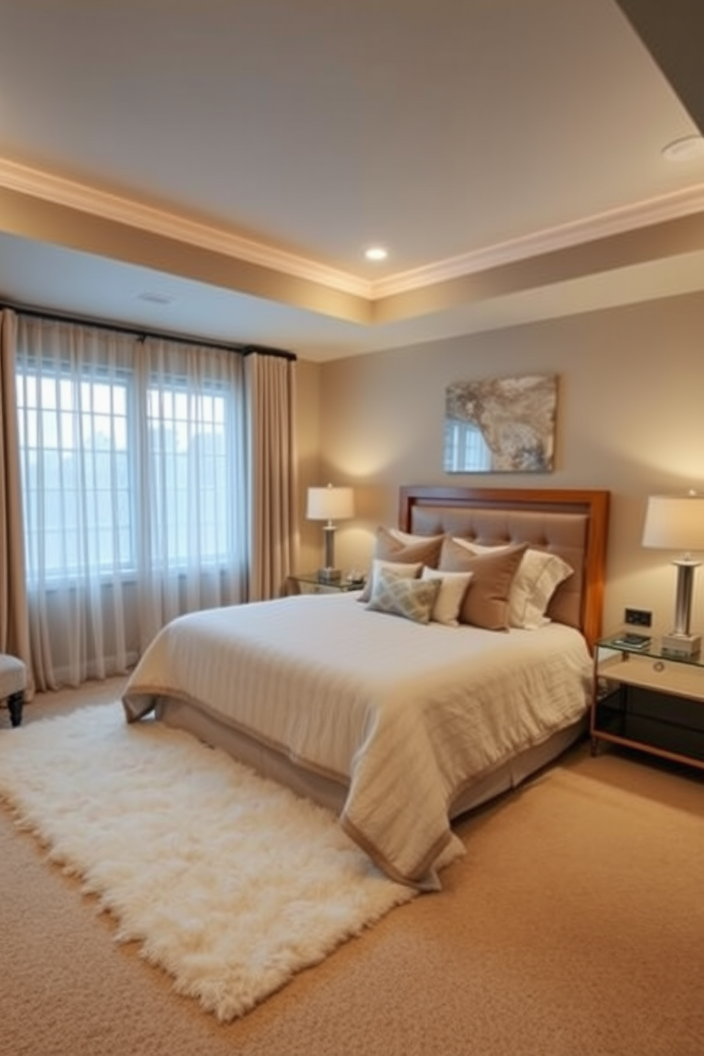 A cozy basement bedroom featuring warm lighting that creates an inviting ambiance. The walls are painted in soft beige, and a plush area rug lies under a stylish bed adorned with layered pillows. A wooden headboard adds warmth to the space, complemented by bedside tables with elegant lamps. Large windows with sheer curtains allow natural light to filter in, enhancing the overall comfort of the room.