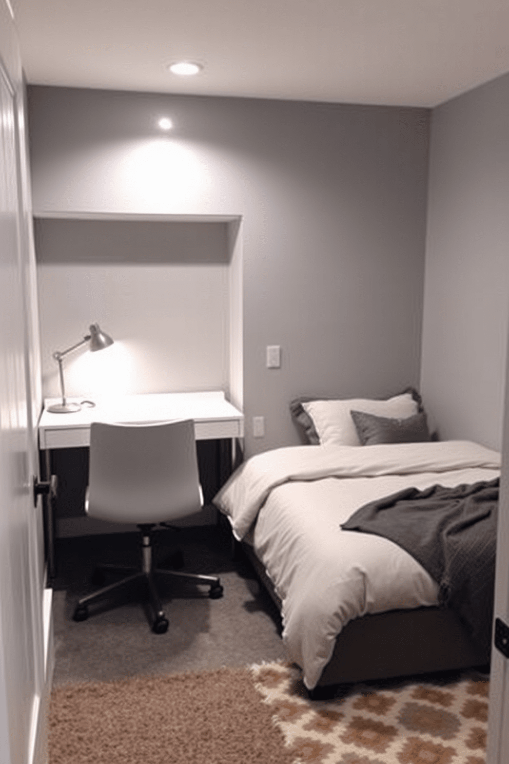 A cozy basement bedroom that doubles as a multi-functional space. The room features a sleek desk area with a modern chair and ample lighting, perfect for working or studying. The walls are painted in a soft gray hue, creating a calm atmosphere. A plush bed with layered bedding sits against one wall, complemented by a stylish area rug that adds warmth to the space.