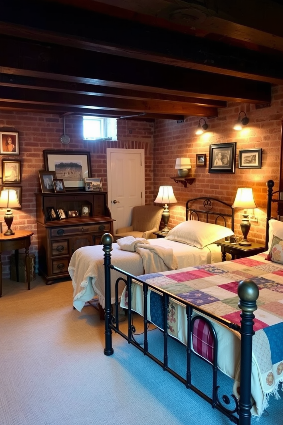 A cozy basement bedroom featuring vintage decor that exudes charm. The room includes a wrought iron bed with a patchwork quilt and an antique wooden dresser adorned with family photos. Soft, warm lighting illuminates the space, highlighting the exposed brick walls and rustic wooden beams. A vintage armchair sits in the corner next to a small side table with a classic lamp, creating a perfect reading nook.