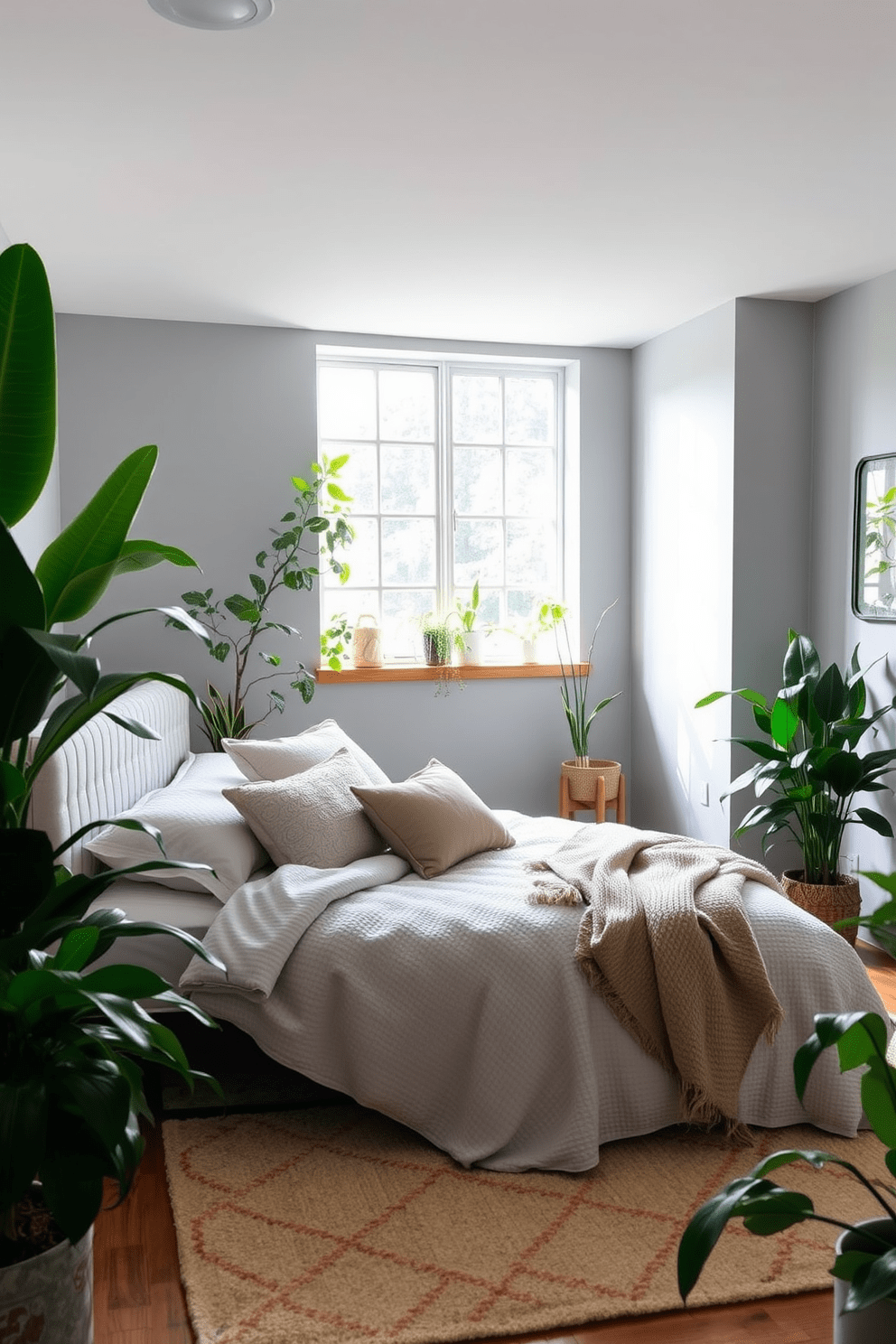 A cozy basement bedroom filled with natural light from a large window. Lush indoor plants are strategically placed around the room, adding a fresh and vibrant atmosphere. The walls are painted in a soft gray to create a calming backdrop. A comfortable bed with a plush headboard is adorned with textured bedding, complemented by a stylish area rug beneath.