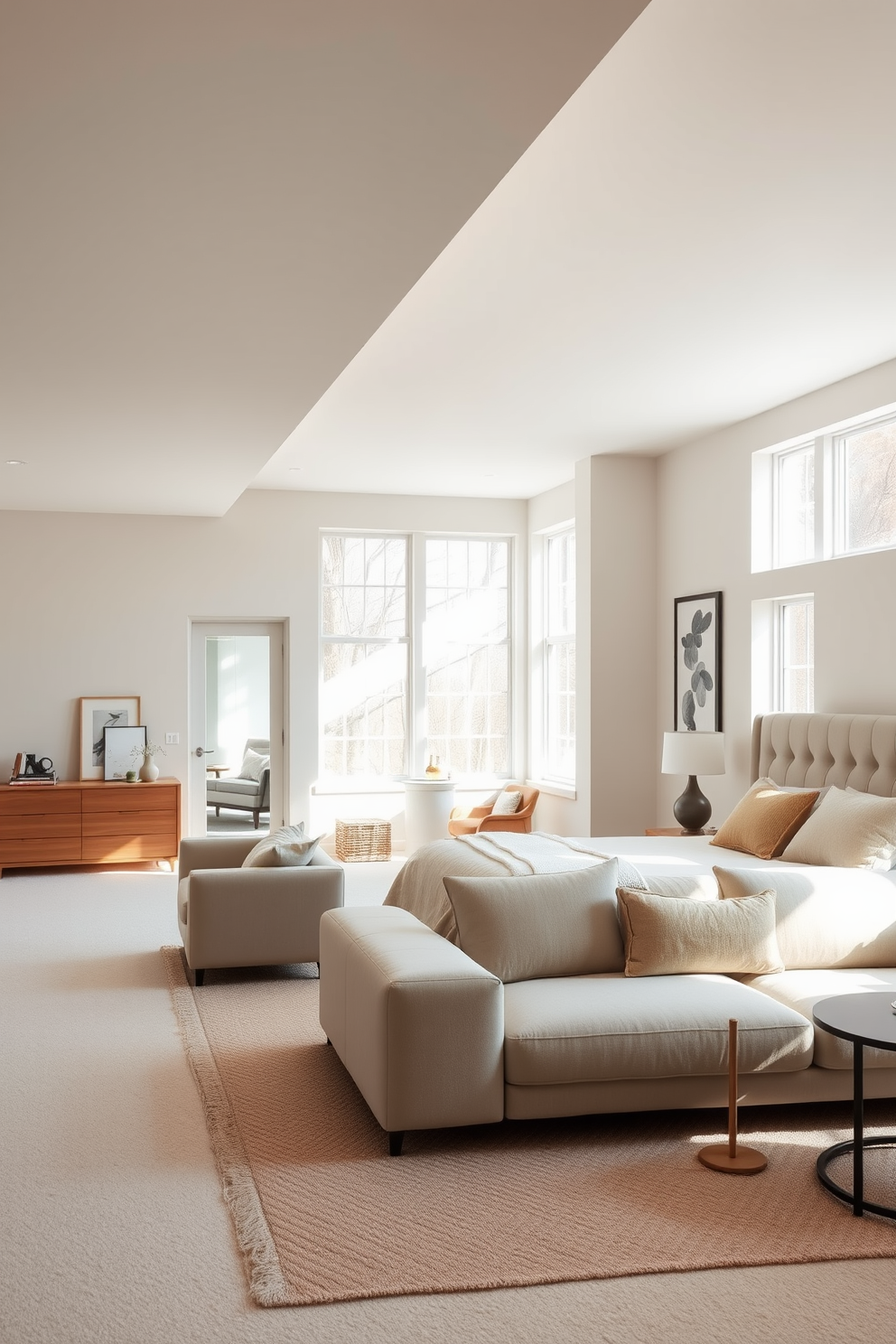 A spacious basement bedroom featuring an open layout that maximizes natural light. The room includes a large bed with a plush headboard, surrounded by minimalistic furniture and soft, neutral tones. Large windows provide ample daylight, enhancing the airy feel of the space. A cozy seating area with a small sofa and a coffee table complements the overall design, creating a perfect spot for relaxation.