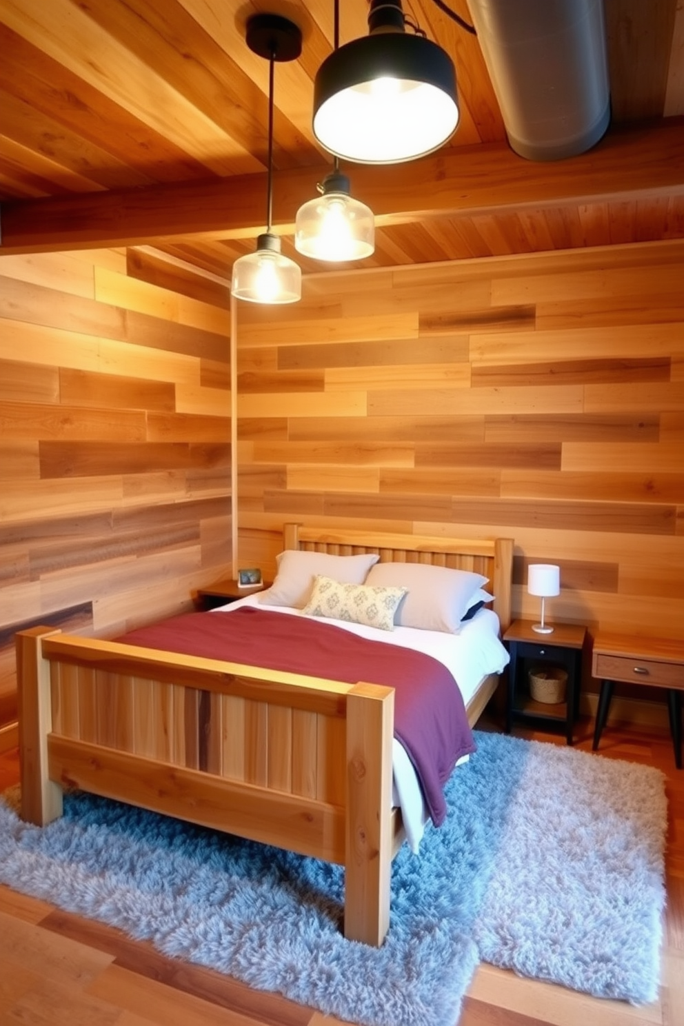 A cozy basement bedroom featuring warm wood accents that create a rustic atmosphere. The walls are adorned with reclaimed wood panels, and a wooden bed frame complements the earthy tones throughout the space. Soft lighting fixtures hang from the ceiling, casting a warm glow over the room. A plush area rug sits beneath the bed, adding comfort and texture to the wooden floor.