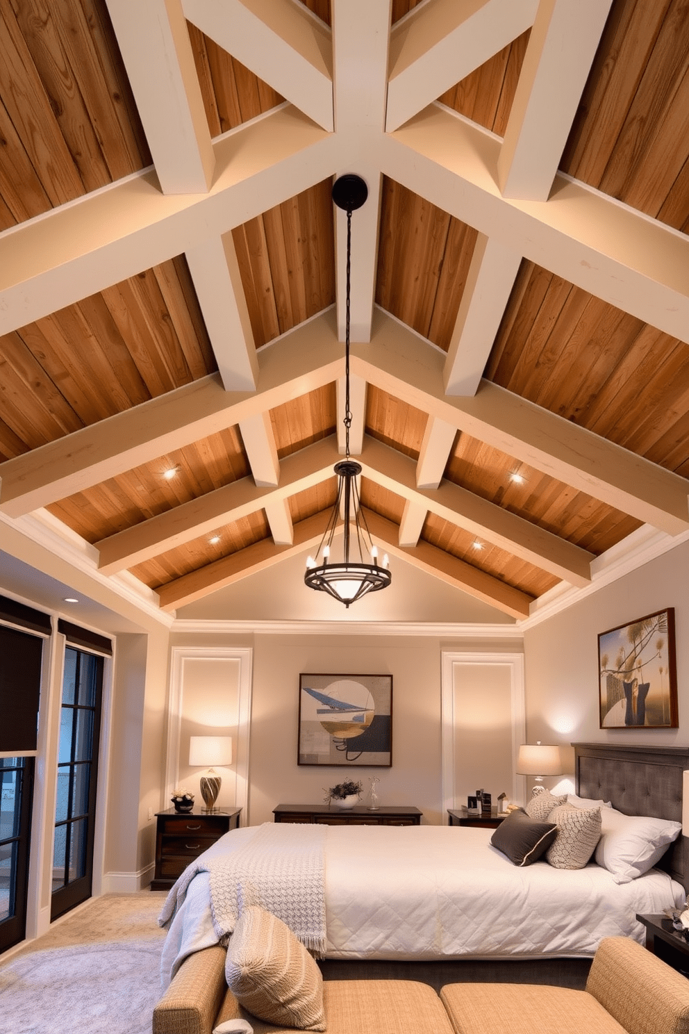 A stunning ceiling design features intricate wood beams that create a warm and inviting atmosphere. The beams are painted in a soft white, enhancing the room's height and adding a touch of elegance. The basement bedroom is designed with cozy furnishings and warm lighting to create a relaxing retreat. Soft, neutral colors on the walls and plush textiles contribute to a comfortable and inviting space.