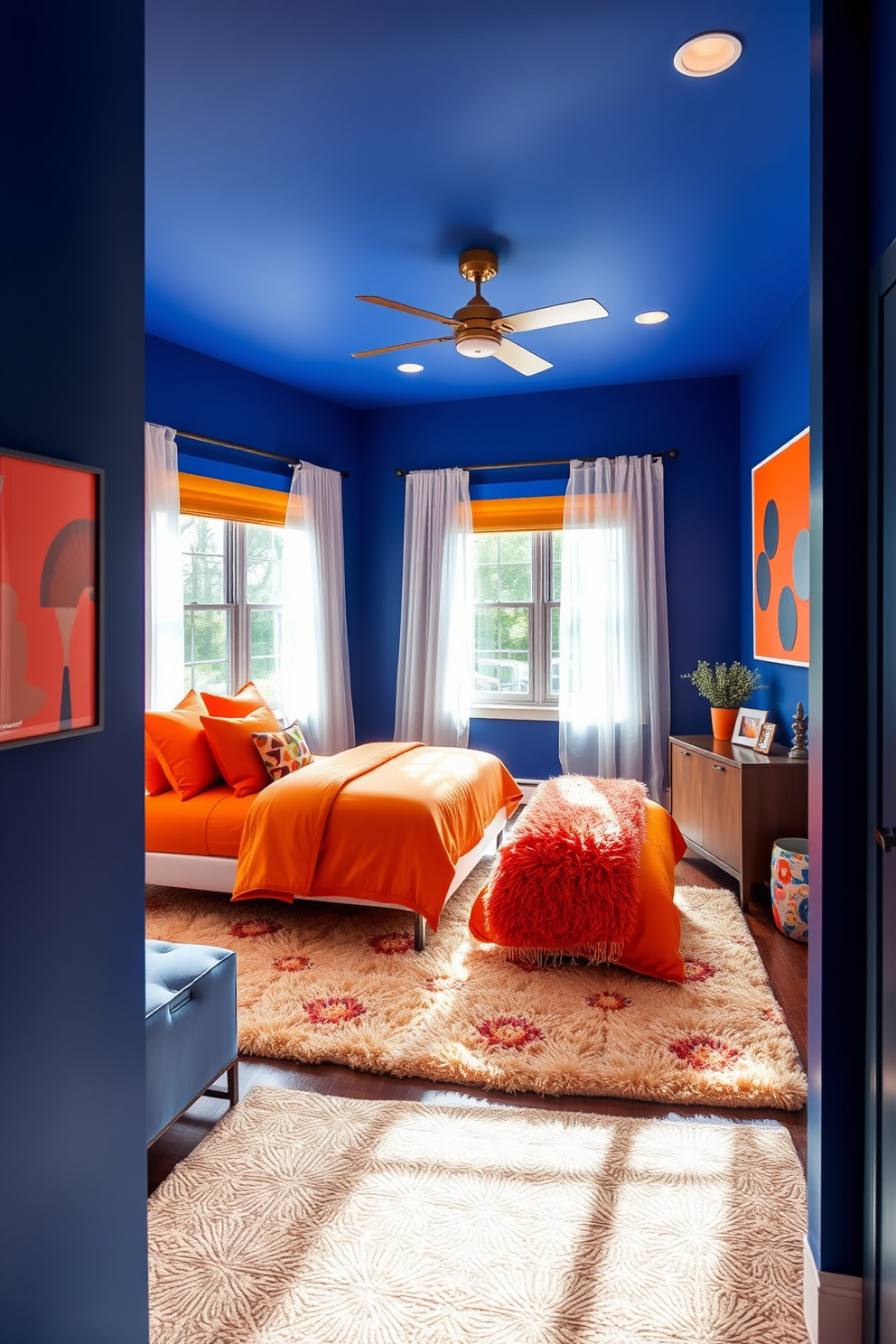 A vibrant basement bedroom featuring bold colors that energize the space. The walls are painted in a deep cobalt blue, complemented by bright orange accents in the bedding and artwork. A plush area rug in a geometric pattern adds texture to the room. Large windows with sheer curtains allow natural light to flood in, creating a lively atmosphere.