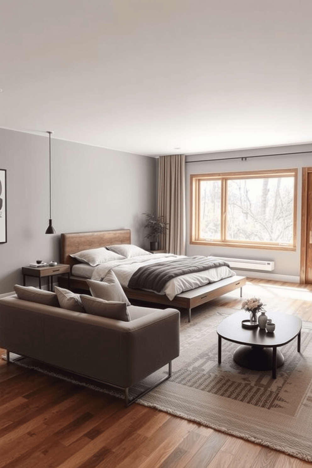 A serene basement bedroom featuring low-profile furniture that enhances the sense of space. The bed is positioned against a soft gray wall, with a minimalist platform frame and layered bedding in neutral tones. A cozy seating area includes a low-profile sofa and a sleek coffee table, creating an inviting nook for relaxation. Large windows allow natural light to filter in, illuminating the room's warm wooden accents and soft textiles.