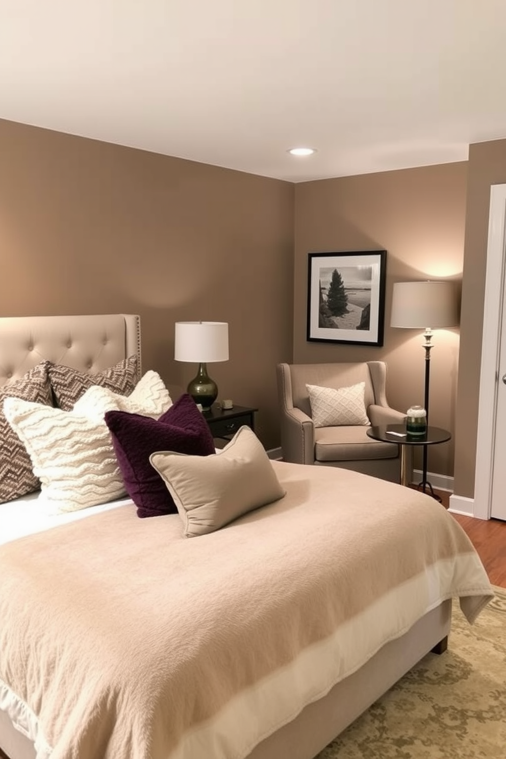 A cozy basement bedroom featuring a plush bed adorned with a variety of textured throw pillows in soft neutrals and rich jewel tones. The walls are painted a warm taupe, and a large area rug adds warmth to the space, creating an inviting atmosphere. In one corner, a stylish reading nook is set up with a comfortable armchair and a small side table, perfect for relaxation. Soft lighting from a floor lamp enhances the cozy feel, while framed artwork adds a personal touch to the decor.