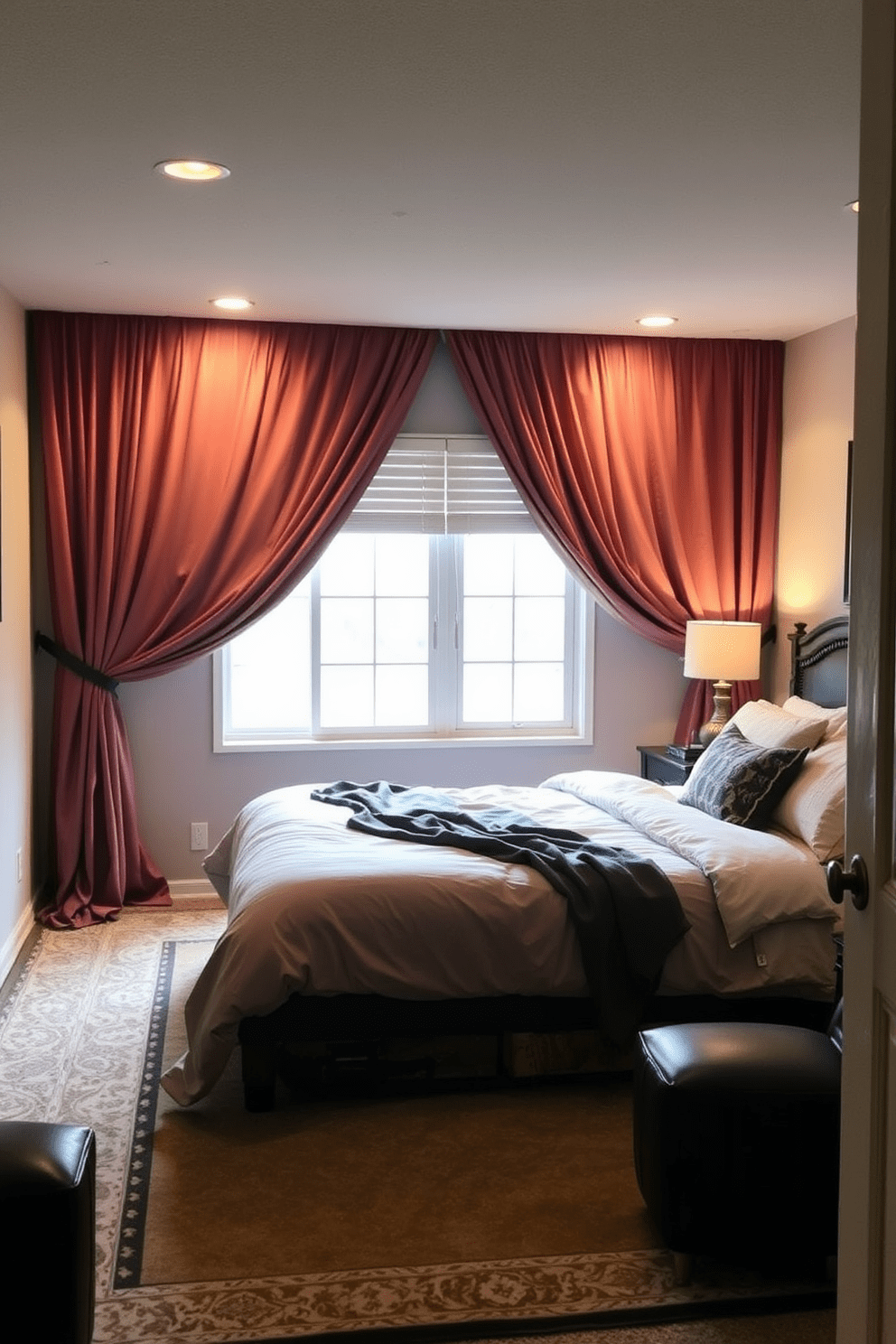 A cozy basement bedroom adorned with decorative curtains that add warmth and texture to the space. The curtains are a rich fabric in a deep color, framing a large window that lets in soft natural light. The room features a plush bed with layered bedding, creating an inviting atmosphere. Soft ambient lighting enhances the warmth, while a stylish area rug anchors the space, adding comfort underfoot.