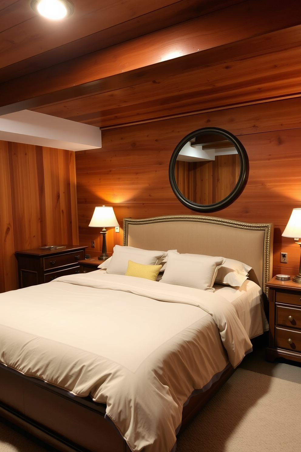 A cozy basement bedroom featuring warm wood paneling that creates a rustic atmosphere. The room includes a plush king-sized bed with a soft, neutral-colored duvet and matching pillows. A vintage wooden dresser sits against one wall, complemented by a large round mirror above it. Soft lighting from bedside lamps casts a warm glow, enhancing the inviting feel of the space.