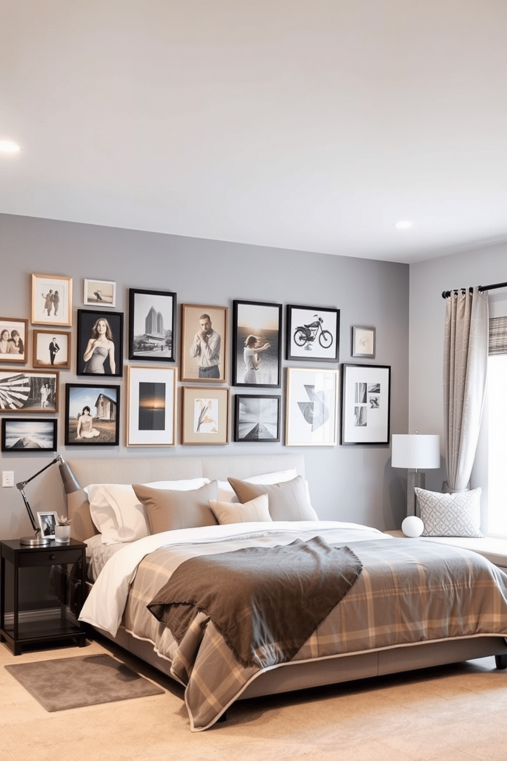 Artistic gallery wall featuring a mix of personal photos and abstract art pieces. The wall is painted in a soft gray tone, creating a cozy backdrop for the diverse frames. Basement bedroom design incorporating a comfortable queen-sized bed with plush bedding. The room includes a stylish nightstand with a modern lamp and a cozy reading nook by a window with soft drapes.