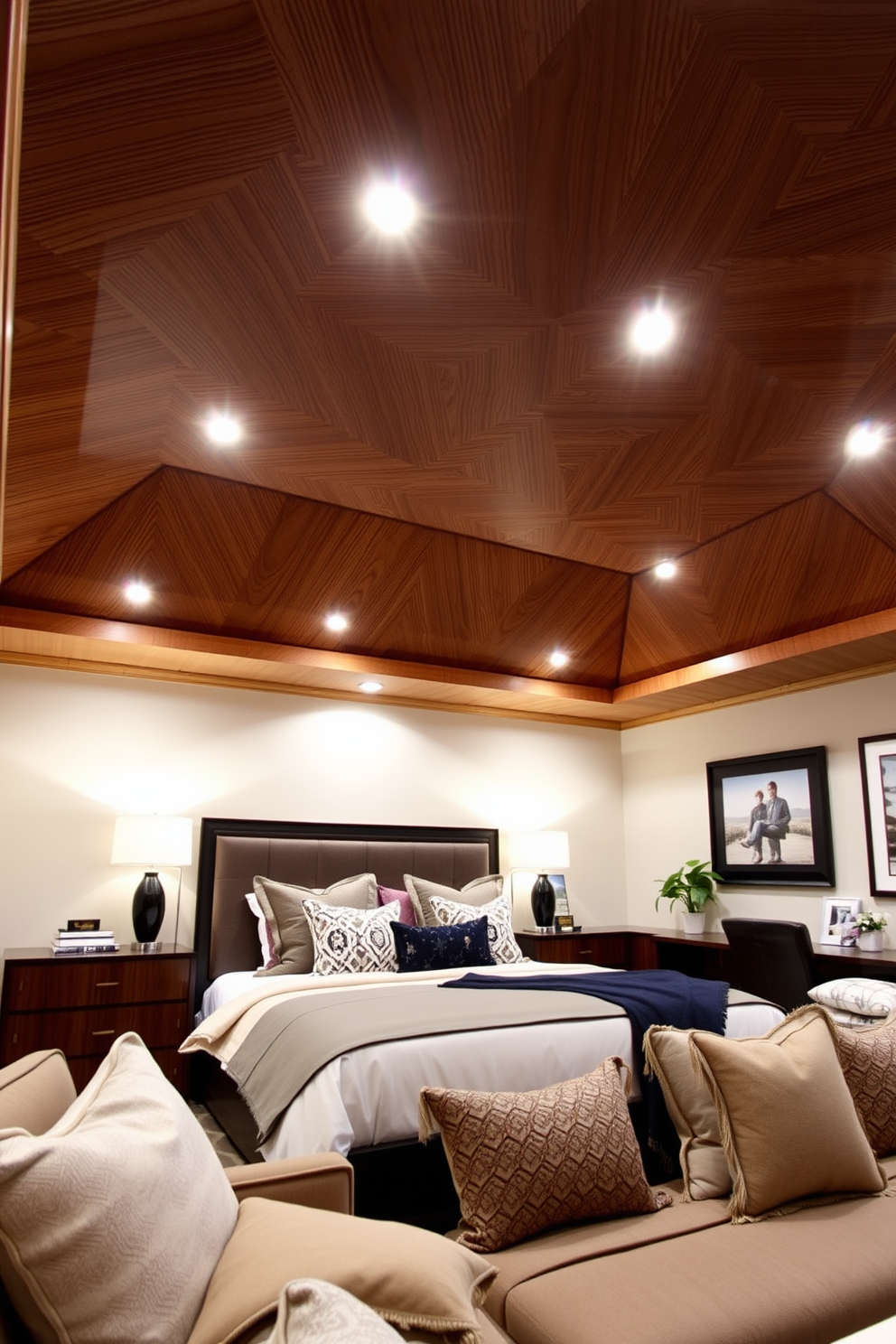 A stunning accent ceiling features intricate wood paneling that adds warmth and character to the space. Soft recessed lighting highlights the design, creating an inviting atmosphere in the basement bedroom. The bedroom is designed with cozy furnishings, including a plush bed with layered bedding and stylish throw pillows. Neutral tones are complemented by pops of color through artwork and decorative accents, ensuring a balanced and harmonious look.