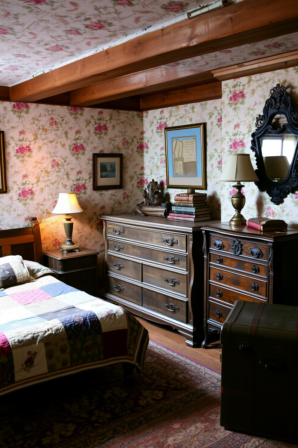 A cozy basement bedroom filled with vintage decor that exudes unique charm. The walls are adorned with antique wallpaper featuring floral patterns, and a reclaimed wood bed frame is dressed with a patchwork quilt. A vintage dresser with ornate carvings sits against one wall, topped with a collection of old books and a brass lamp. The floor is covered with a faded Persian rug, and an antique trunk serves as both storage and a bedside table.