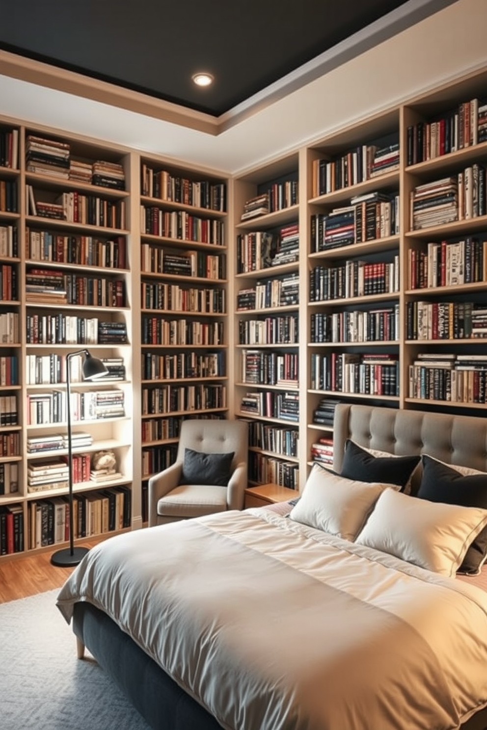 A cozy basement bedroom featuring floor-to-ceiling bookshelves that provide ample storage space. The shelves are filled with a mix of books and decorative items, creating a warm and inviting atmosphere. The room is designed with a comfortable bed adorned with soft linens and plush pillows. A reading nook with a comfortable chair is positioned near the bookshelves, illuminated by a stylish floor lamp.