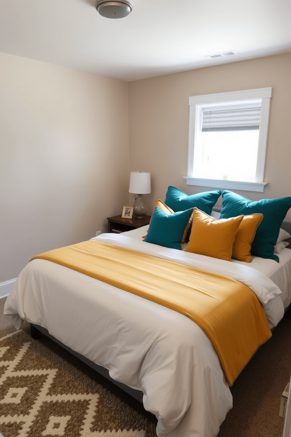 A cozy basement bedroom featuring neutral tones complemented by colorful accents. The walls are painted a soft beige, while the bedding incorporates vibrant throw pillows in shades of teal and mustard yellow. Natural light filters in through a small window, creating a warm and inviting atmosphere. A plush area rug in a geometric pattern adds texture and interest to the space, enhancing the overall design.