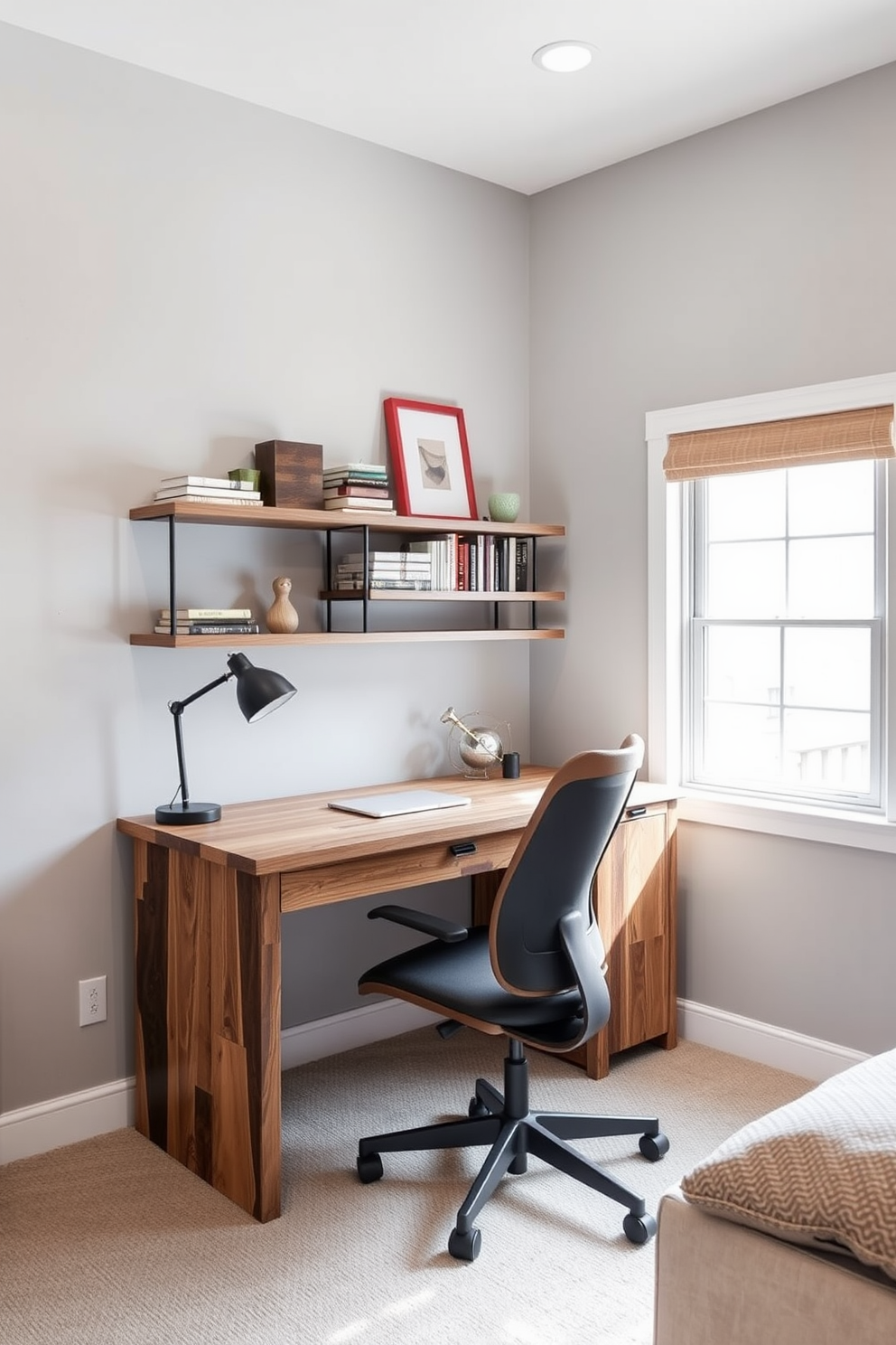 A functional workspace in the corner of the basement bedroom features a sleek desk made of reclaimed wood with a minimalist design. A comfortable ergonomic chair complements the desk, and a large window allows natural light to flood the space. The walls are painted in a soft gray tone, creating a calm atmosphere. Shelves filled with books and decorative items are mounted above the desk, adding both functionality and style to the room.