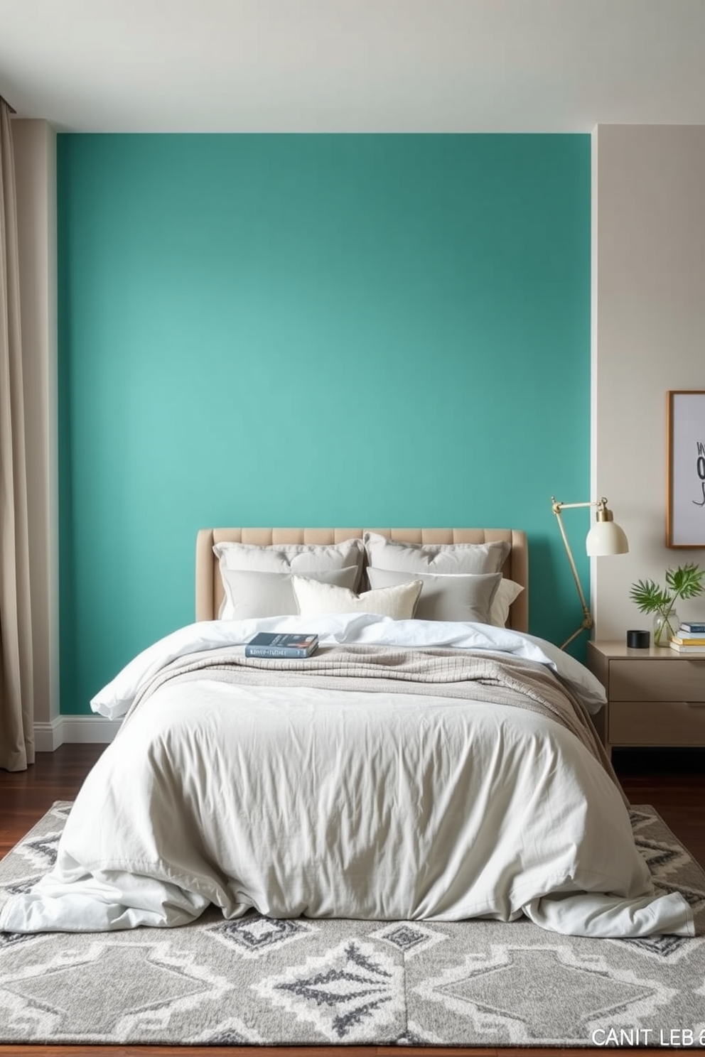 Bright accent wall for visual interest. The wall is painted in a vibrant teal that contrasts with the neutral tones of the remaining walls. Cozy bedding in soft grays and whites adorns the bed, creating a serene atmosphere. A stylish area rug with geometric patterns adds warmth and texture to the space.