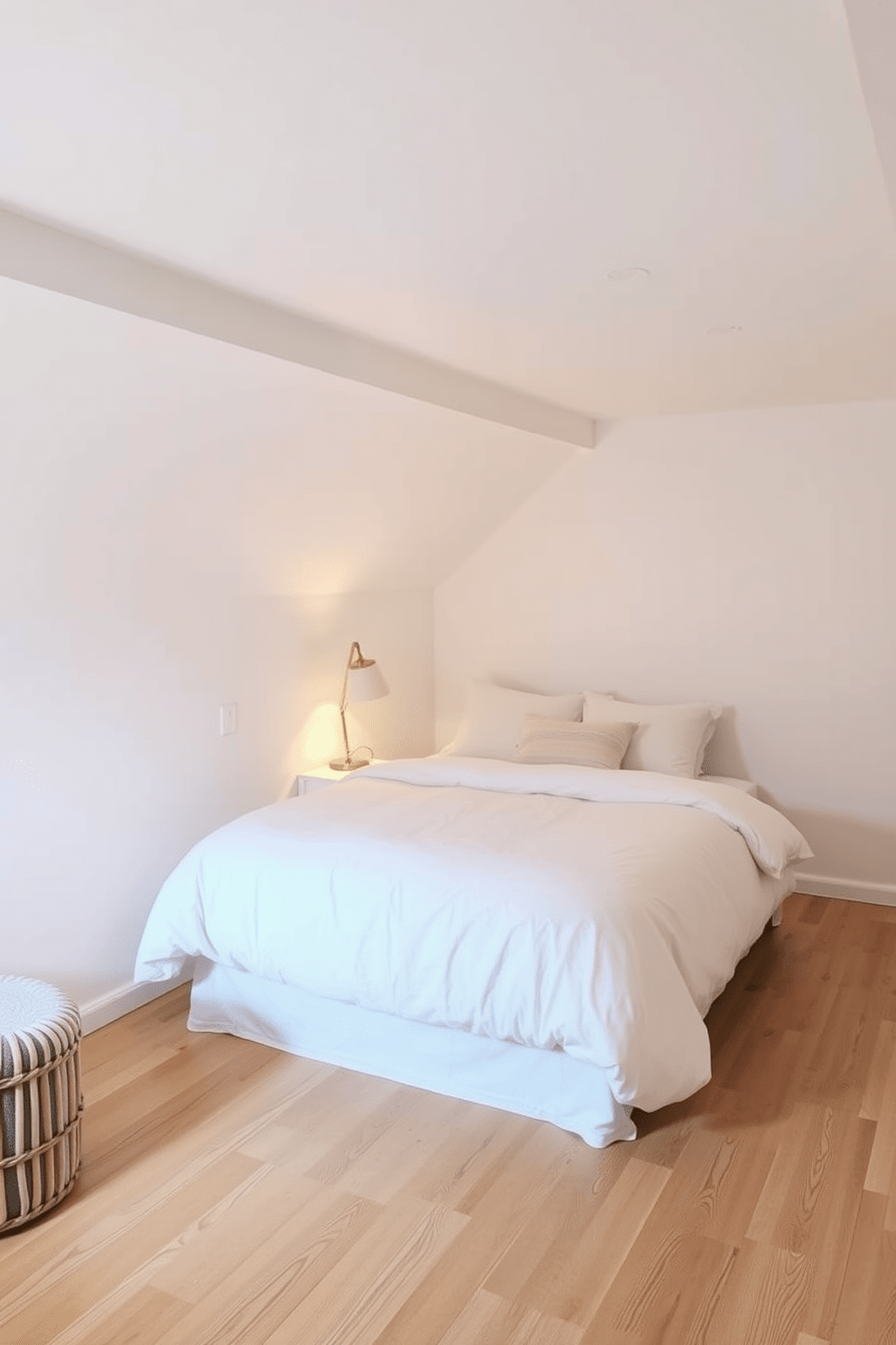 A serene basement bedroom featuring a light color palette that enhances the sense of space. Soft white walls complement light wood flooring, creating an airy atmosphere. The bed is dressed in soft pastel linens, with fluffy pillows adding a touch of comfort. A small bedside table holds a minimalist lamp, casting a warm glow over the room.