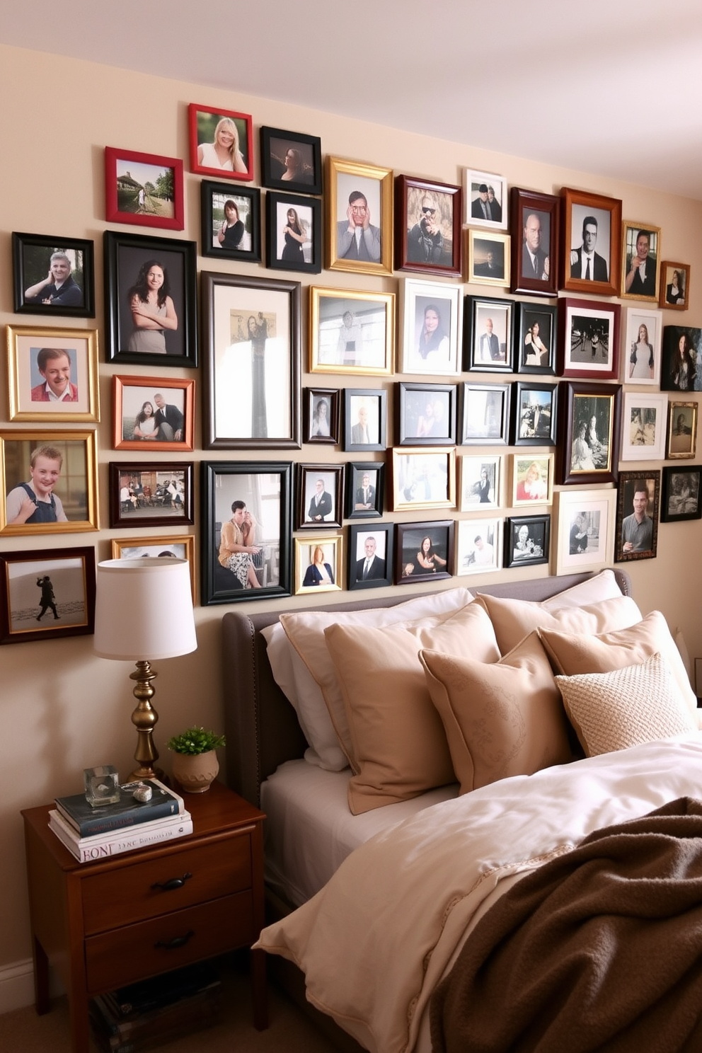 A gallery wall filled with personal photos creates a warm and inviting atmosphere in the basement bedroom. The photos are arranged in an eclectic mix of frames, showcasing cherished memories and adding a personal touch to the space. The bedroom features a cozy bed with plush bedding and soft throw pillows. A stylish nightstand sits beside the bed, adorned with a decorative lamp and a few well-placed books for a lived-in feel.